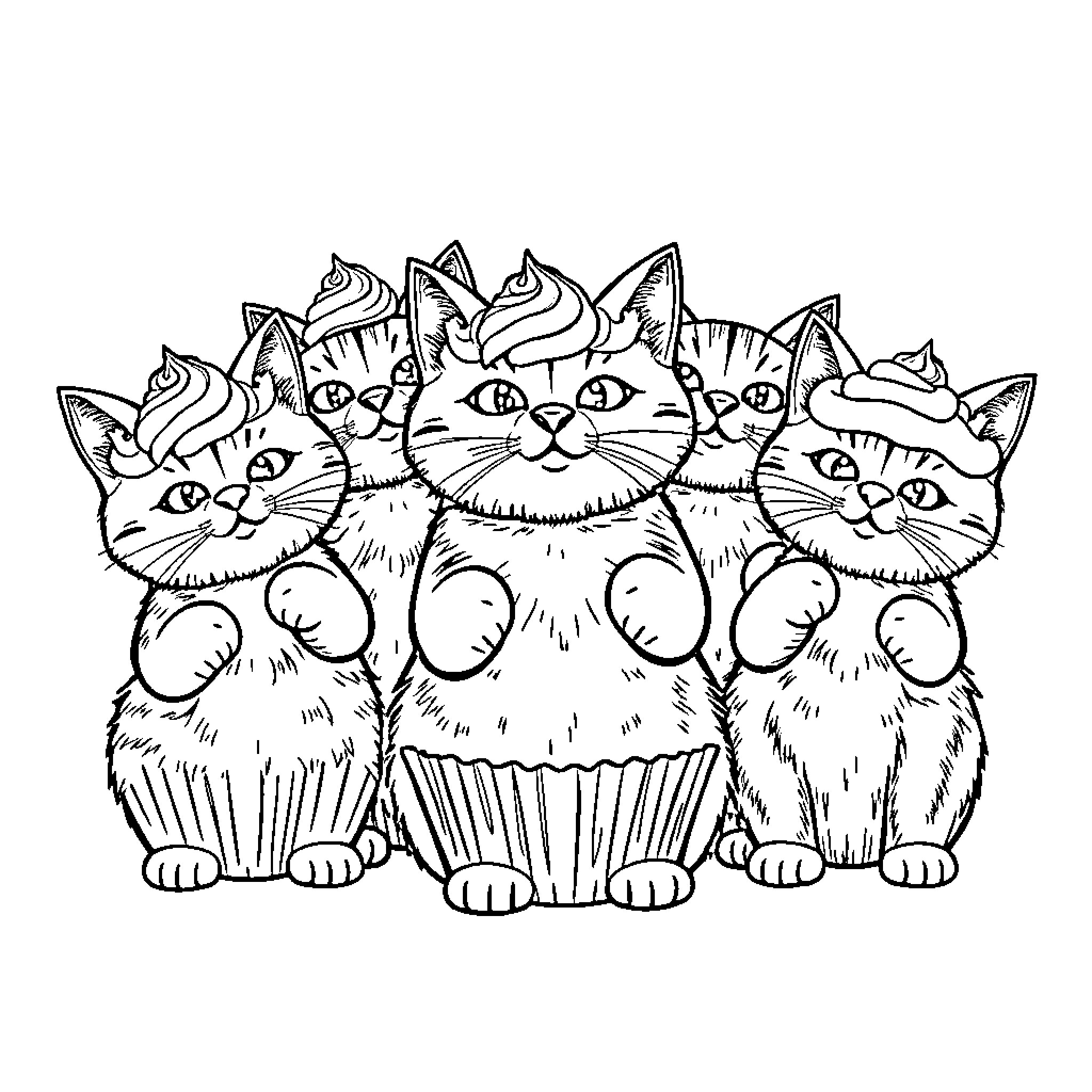 Cat Cartoon Kittens Clustered Together Coloring Page (free black-and-white line drawing printable PDF for all, from beginners to advanced learners, including children, teens, adults, and seniors)