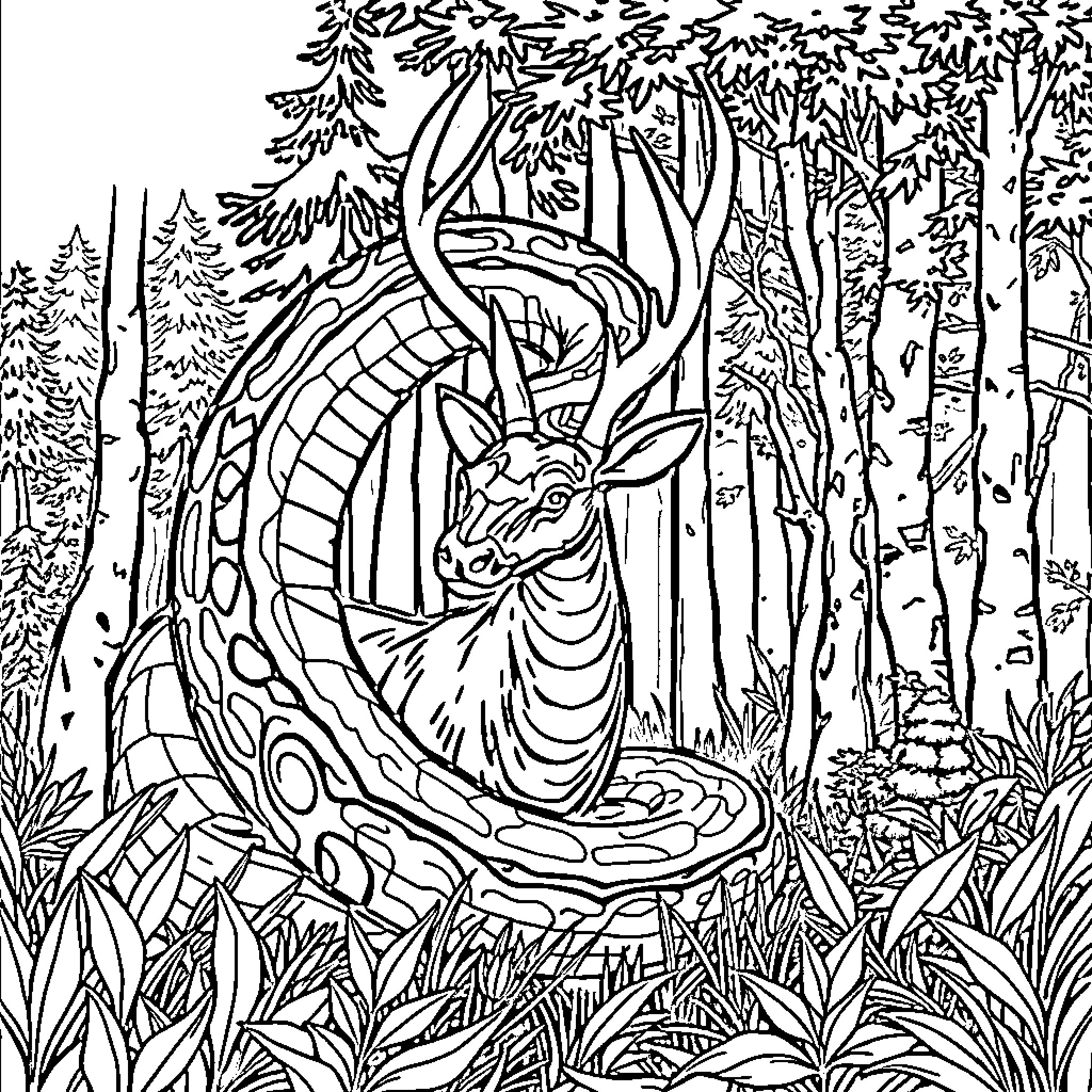 Python Coiled in Mythical Forest Scene Coloring Page (free black-and-white line drawing printable PDF for all, from beginners to advanced learners, including children, teens, adults, and seniors)
