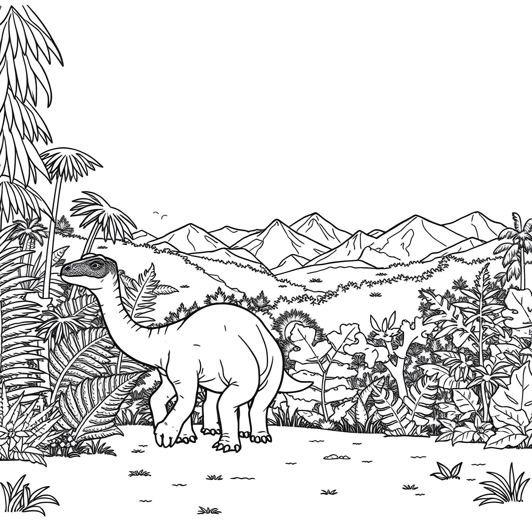Dinosaur wandering through lush prehistoric landscape Coloring Page (free black-and-white line drawing printable PDF for all, from beginners to advanced learners, including children, teens, adults, and seniors)