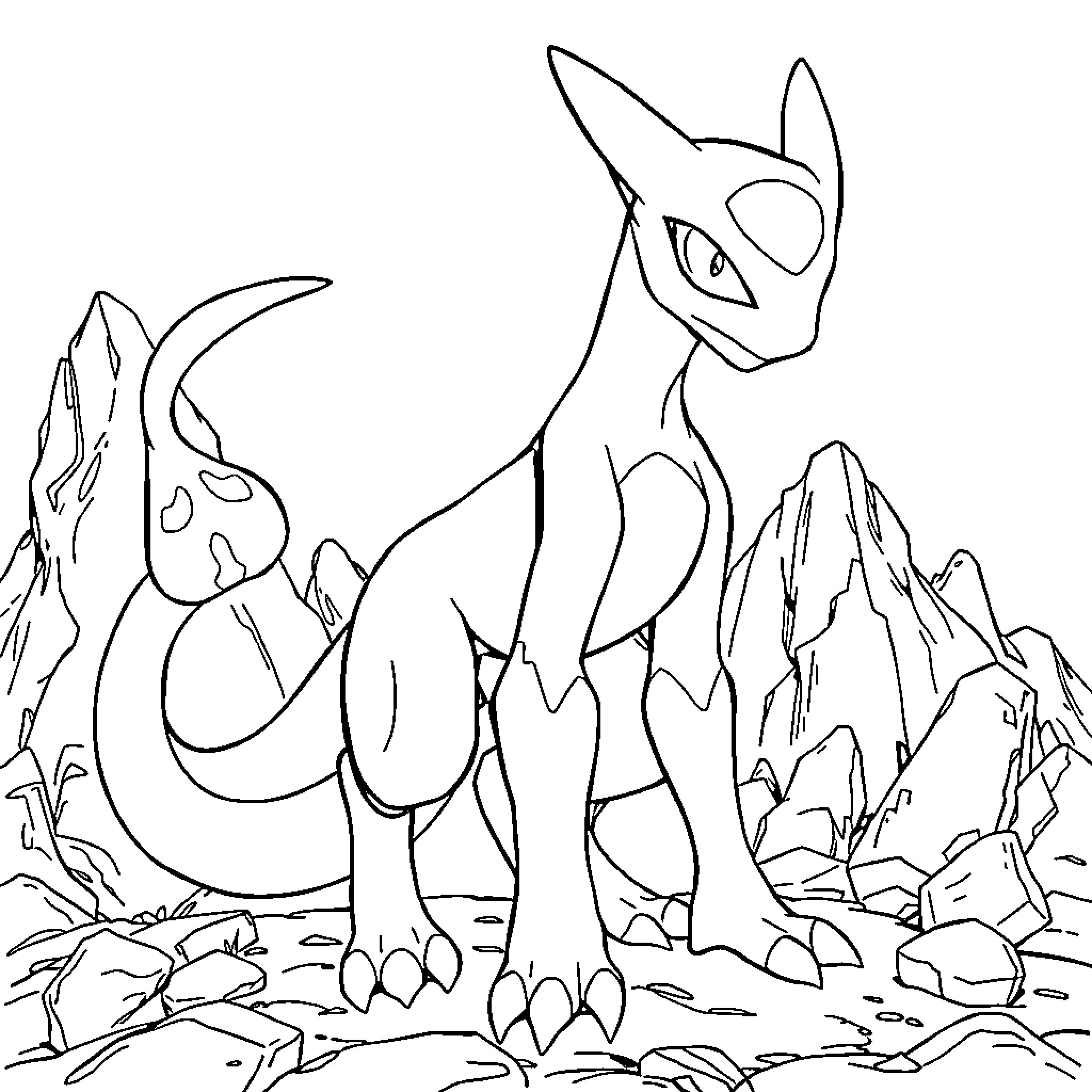 Mewtwo standing tall in a rocky landscape Coloring Page (free black-and-white line drawing printable PDF for all, from beginners to advanced learners, including children, teens, adults, and seniors)