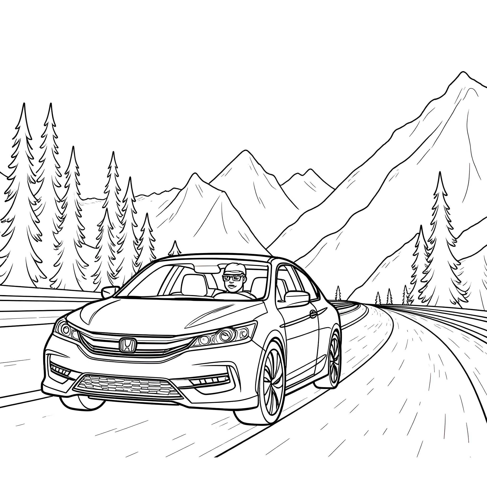 John Cena driving a car on a scenic mountain road Coloring Page (free black-and-white line drawing printable PDF for all, from beginners to advanced learners, including children, teens, adults, and seniors)