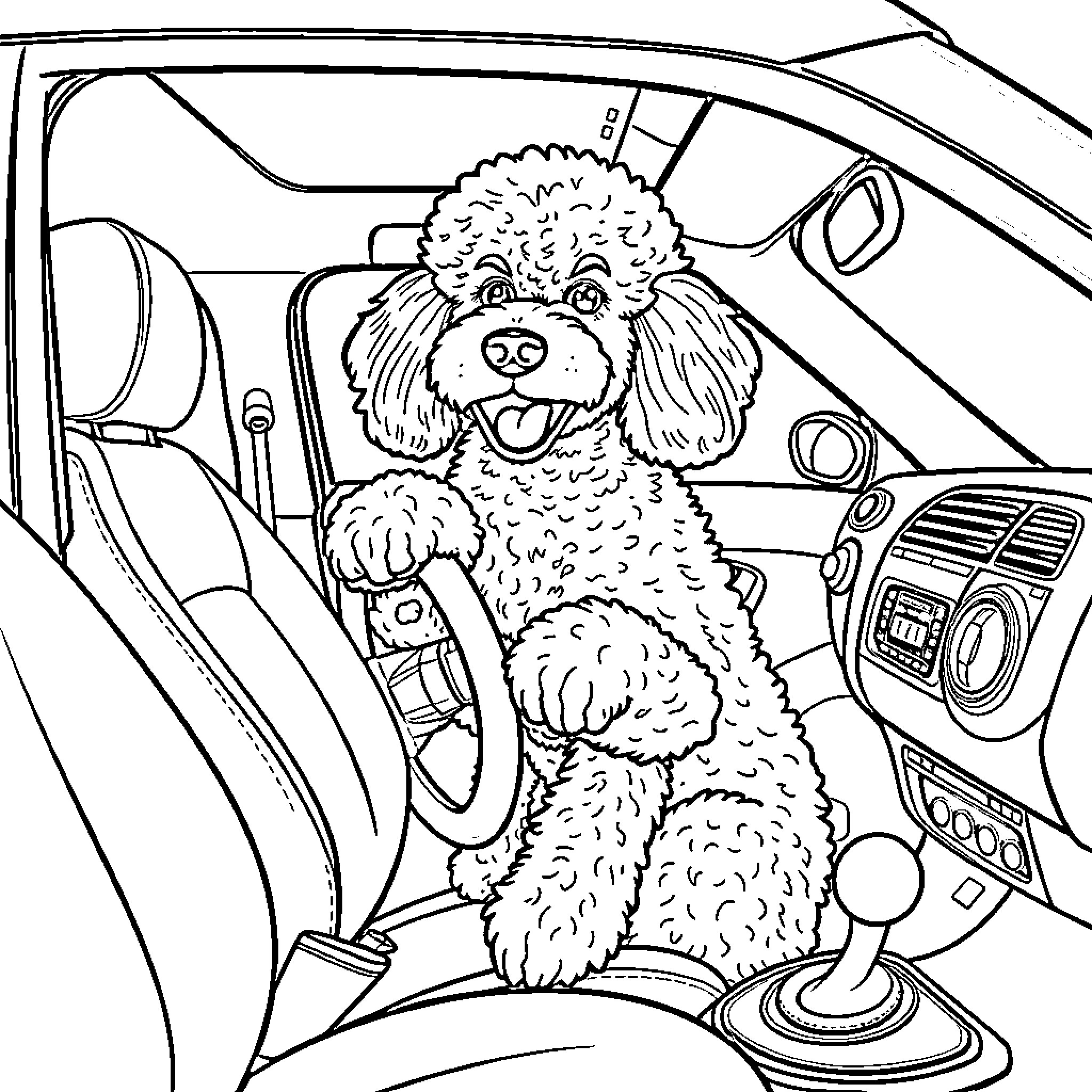 Poodle riding happily in the car Coloring Page (free black-and-white line drawing printable PDF for all, from beginners to advanced learners, including children, teens, adults, and seniors)