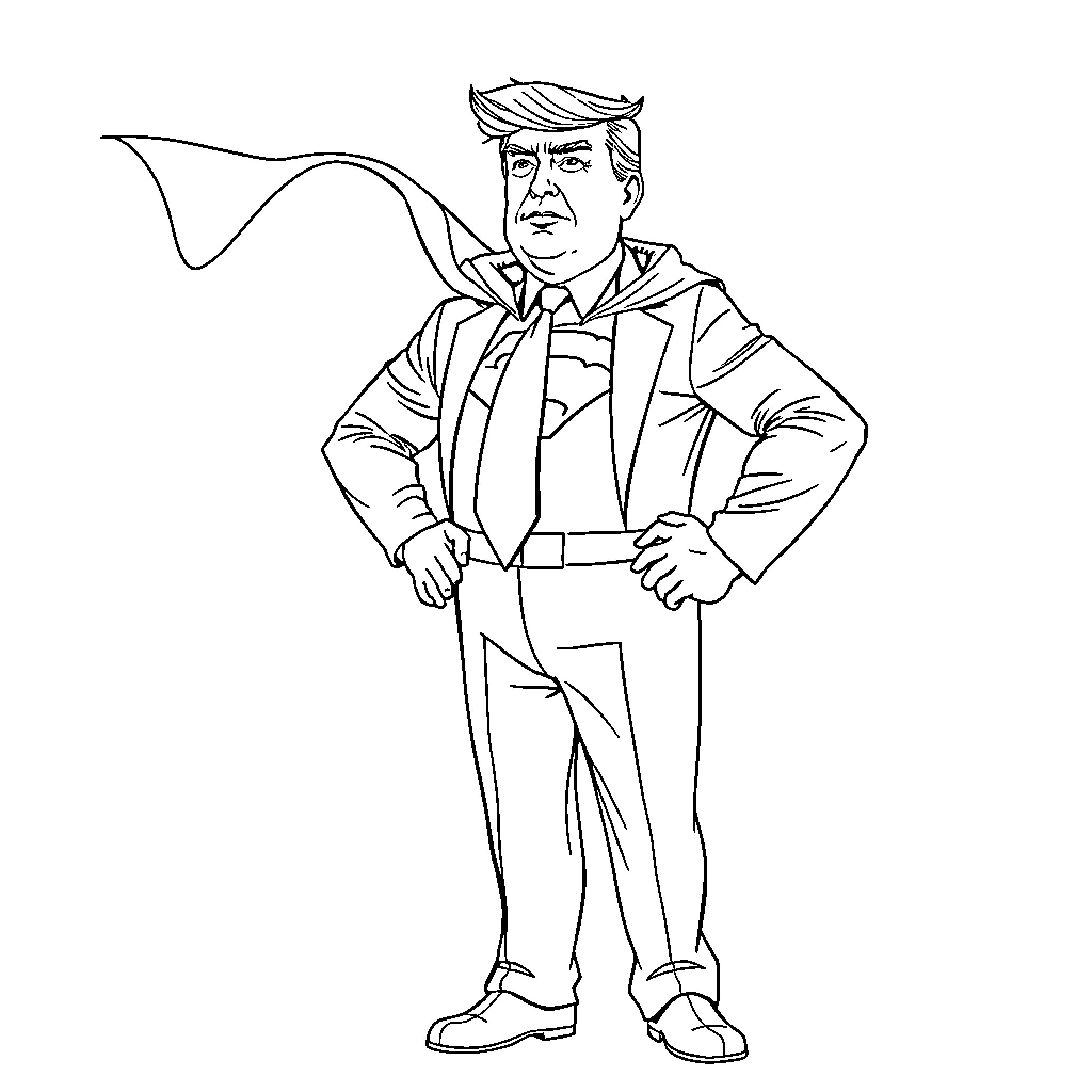 Trump in Authoritative Pose with Raised Arm Coloring Page (free black-and-white line drawing printable PDF for all, from beginners to advanced learners, including children, teens, adults, and seniors)