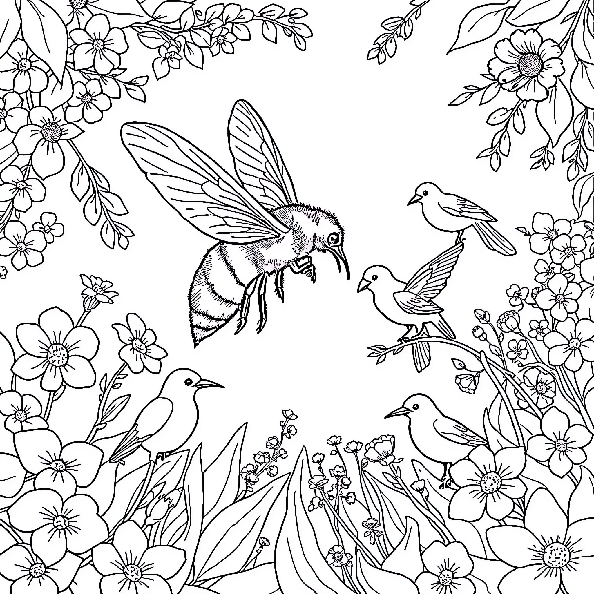 Bee flying amidst blooming flowers and birds Coloring Page (free black-and-white line drawing printable PDF for all, from beginners to advanced learners, including children, teens, adults, and seniors)