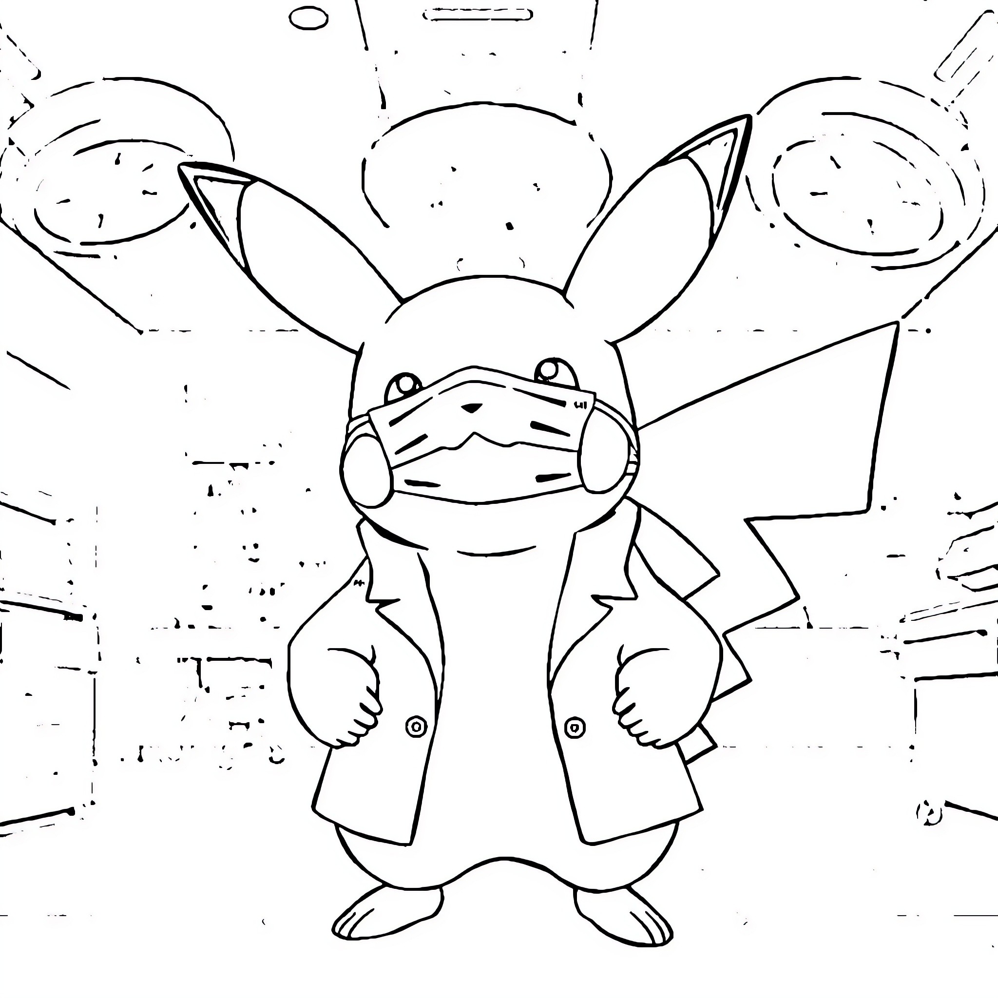 Pikachu wearing a coat in a busy scene Coloring Page (free black-and-white line drawing printable PDF for all, from beginners to advanced learners, including children, teens, adults, and seniors)