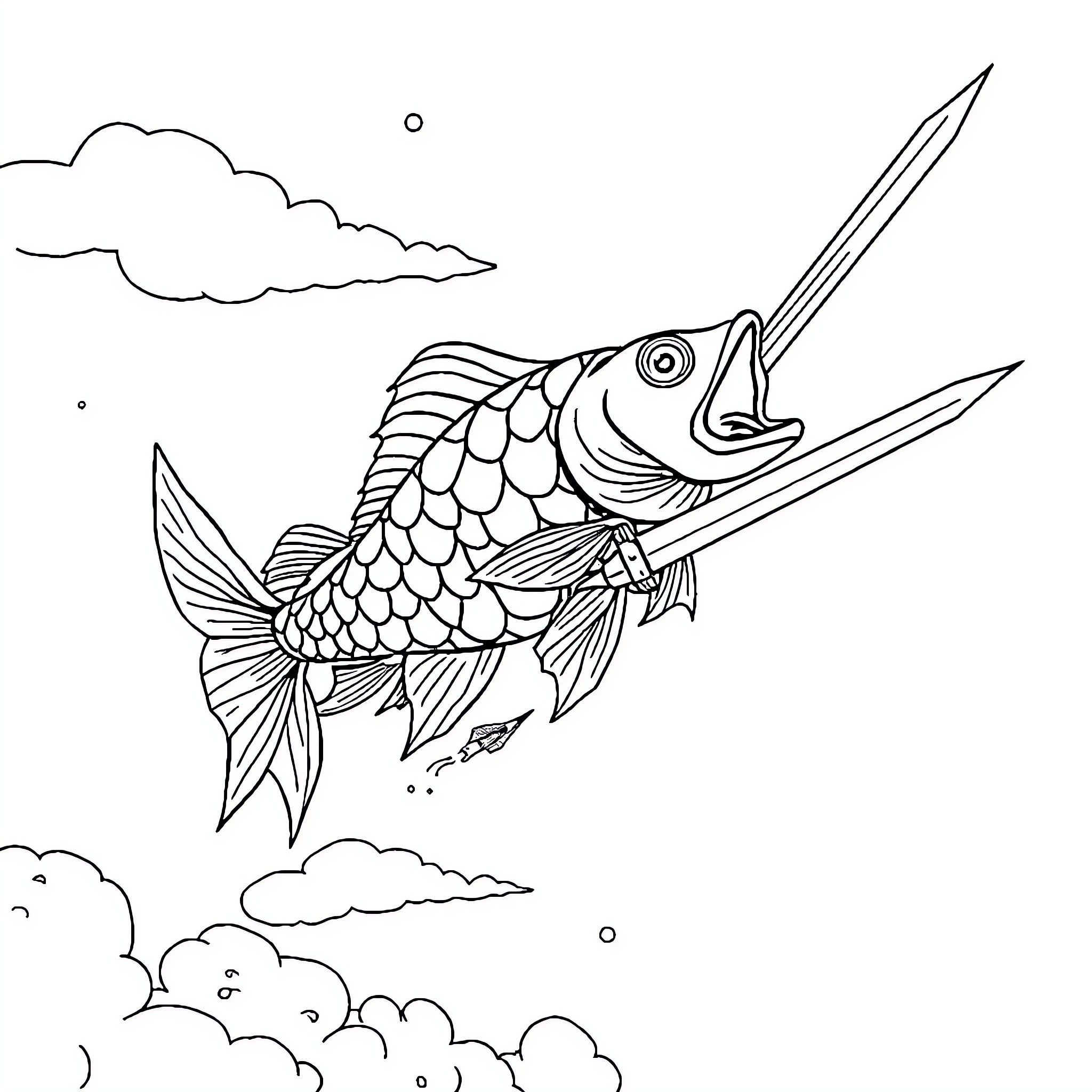 Fish jumping through clouds in the sky Coloring Page (free black-and-white line drawing printable PDF for all, from beginners to advanced learners, including children, teens, adults, and seniors)