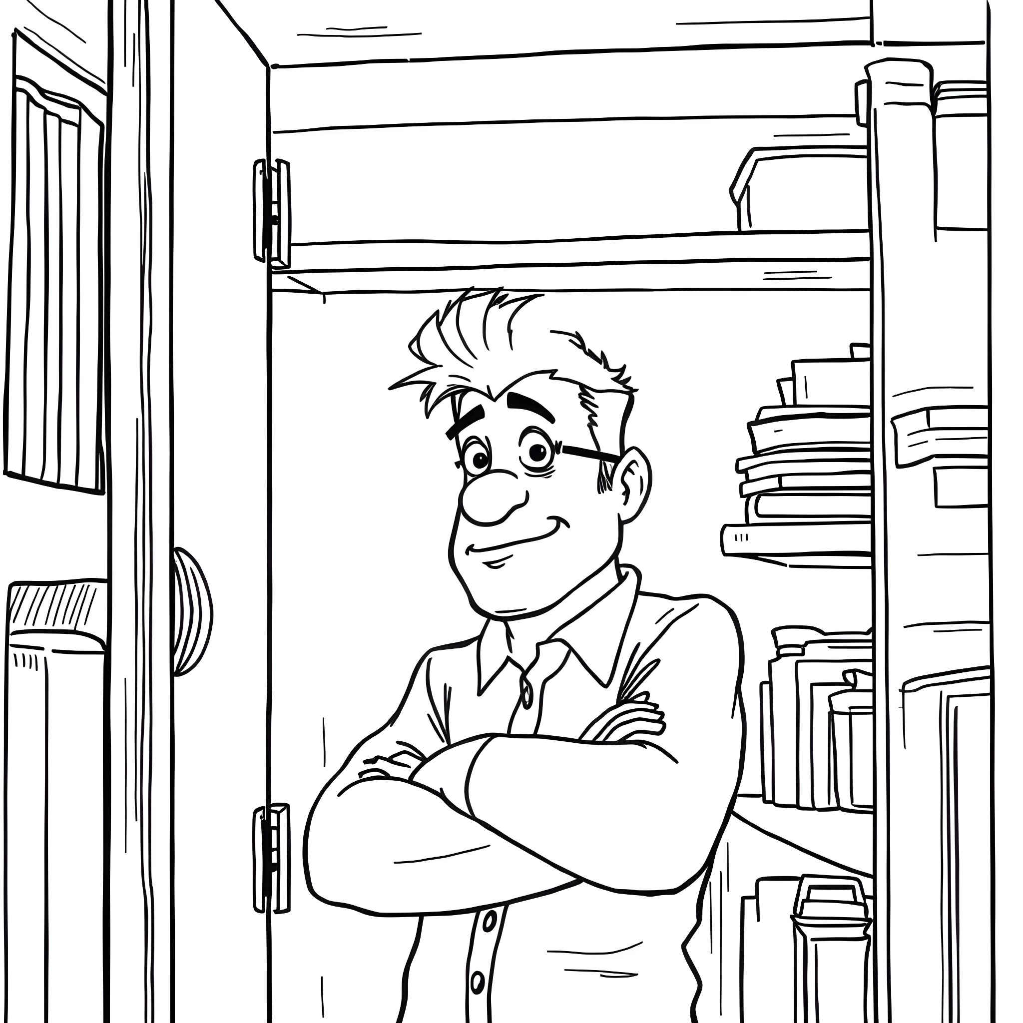 Kier Starmer smiling in a bookshelf-filled office Coloring Page (free black-and-white line drawing printable PDF for all, from beginners to advanced learners, including children, teens, adults, and seniors)