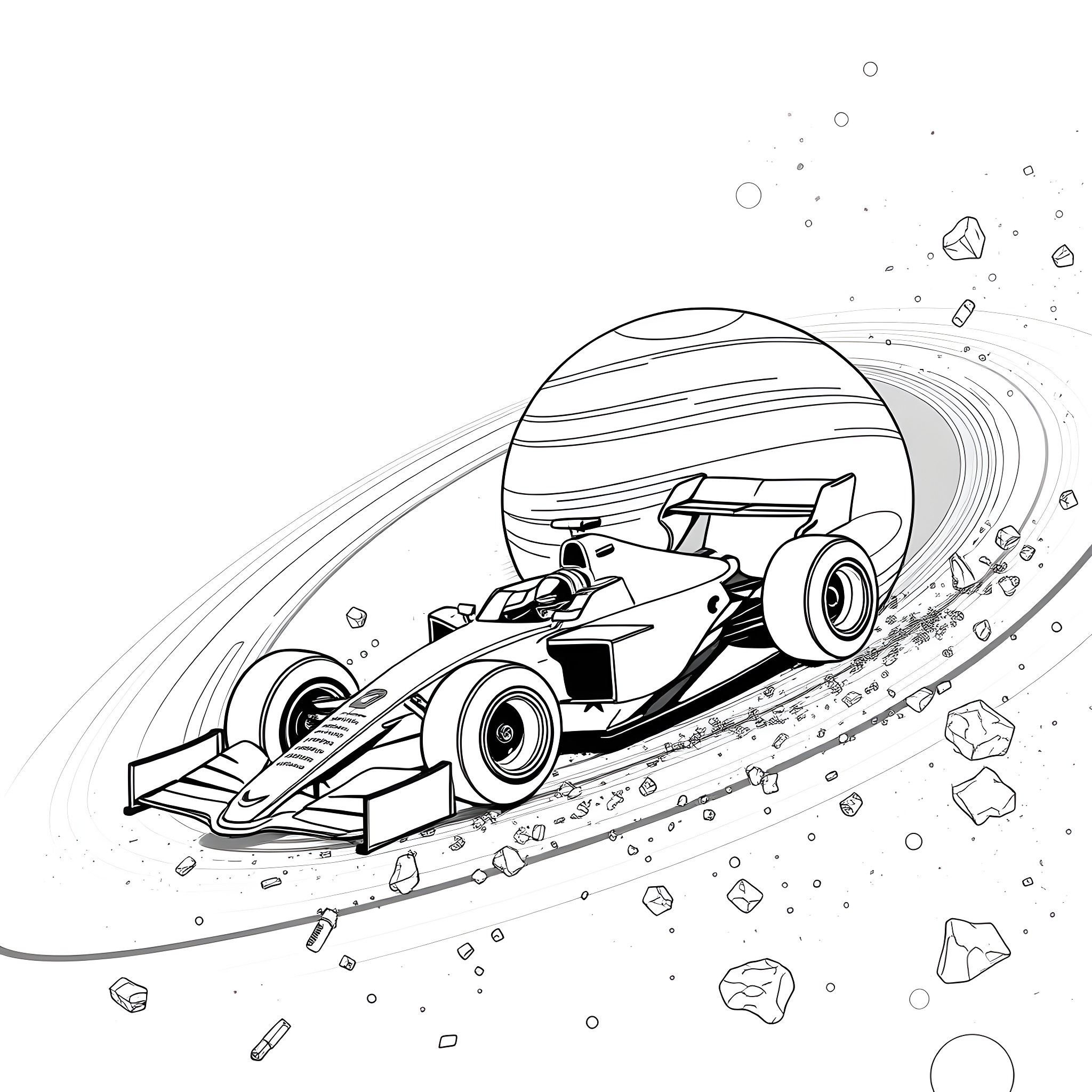 Formula 1 Car Racing in Space Coloring Page (free black-and-white line drawing printable PDF for all, from beginners to advanced learners, including children, teens, adults, and seniors)