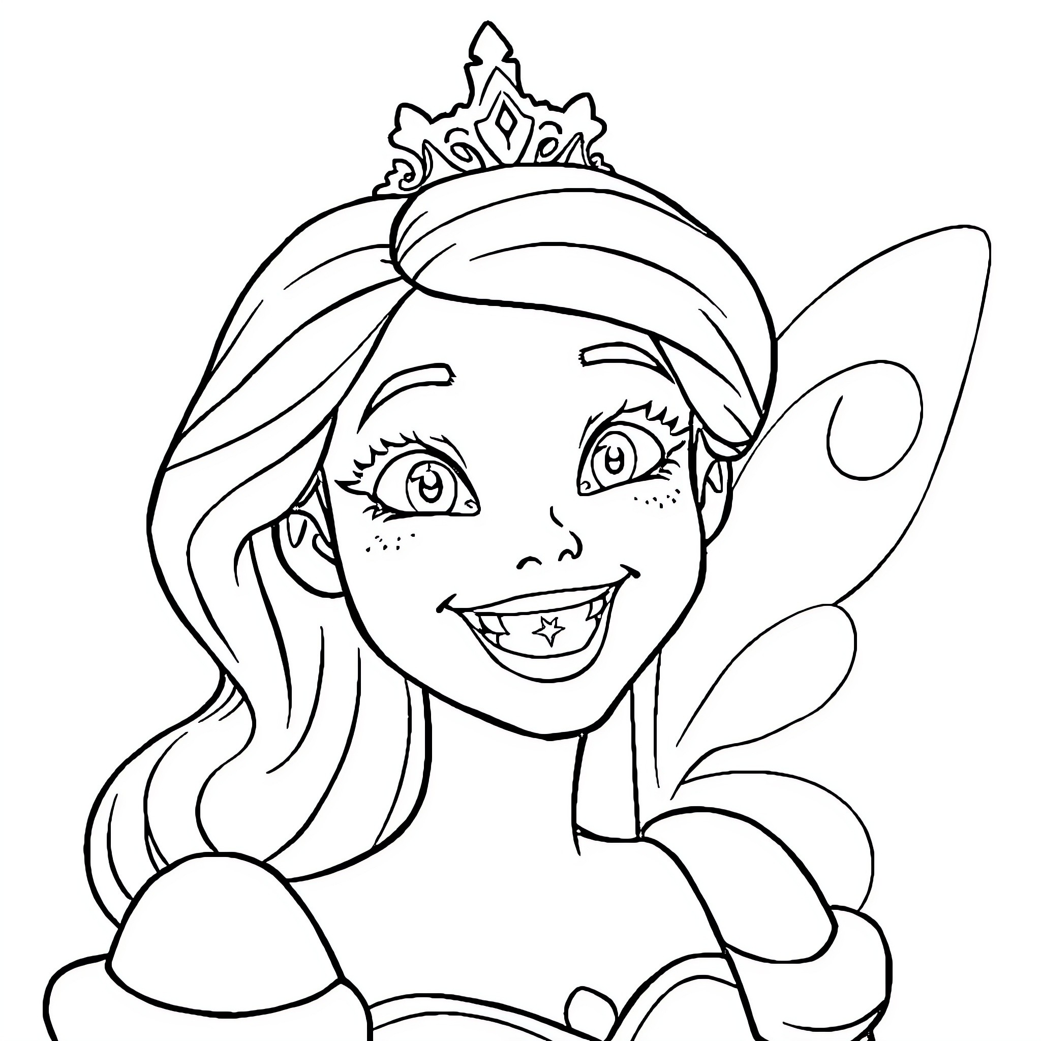 Princess with Fairy Wings Smiling Happily Coloring Page (free black-and-white line drawing printable PDF for all, from beginners to advanced learners, including children, teens, adults, and seniors)