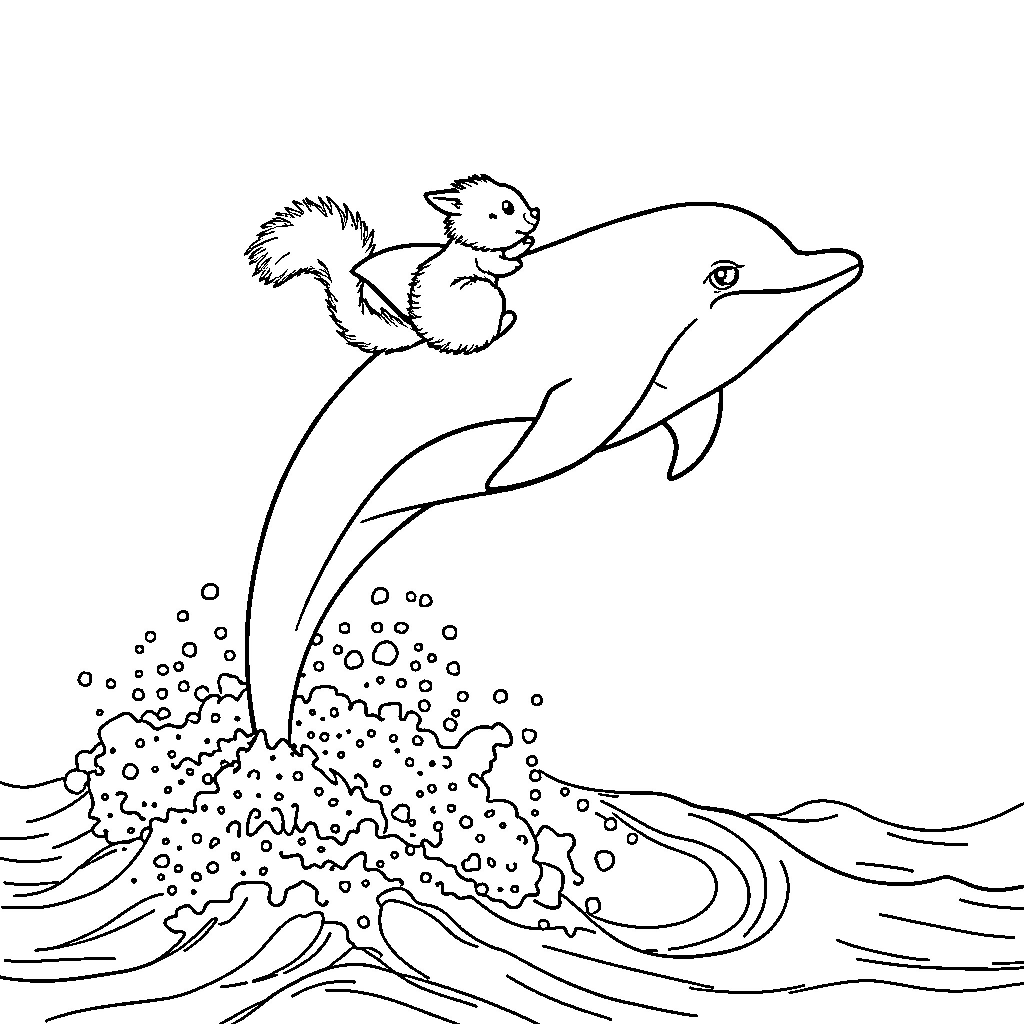 Squirrel riding joyfully on a dolphin Coloring Page (free black-and-white line drawing printable PDF for all, from beginners to advanced learners, including children, teens, adults, and seniors)