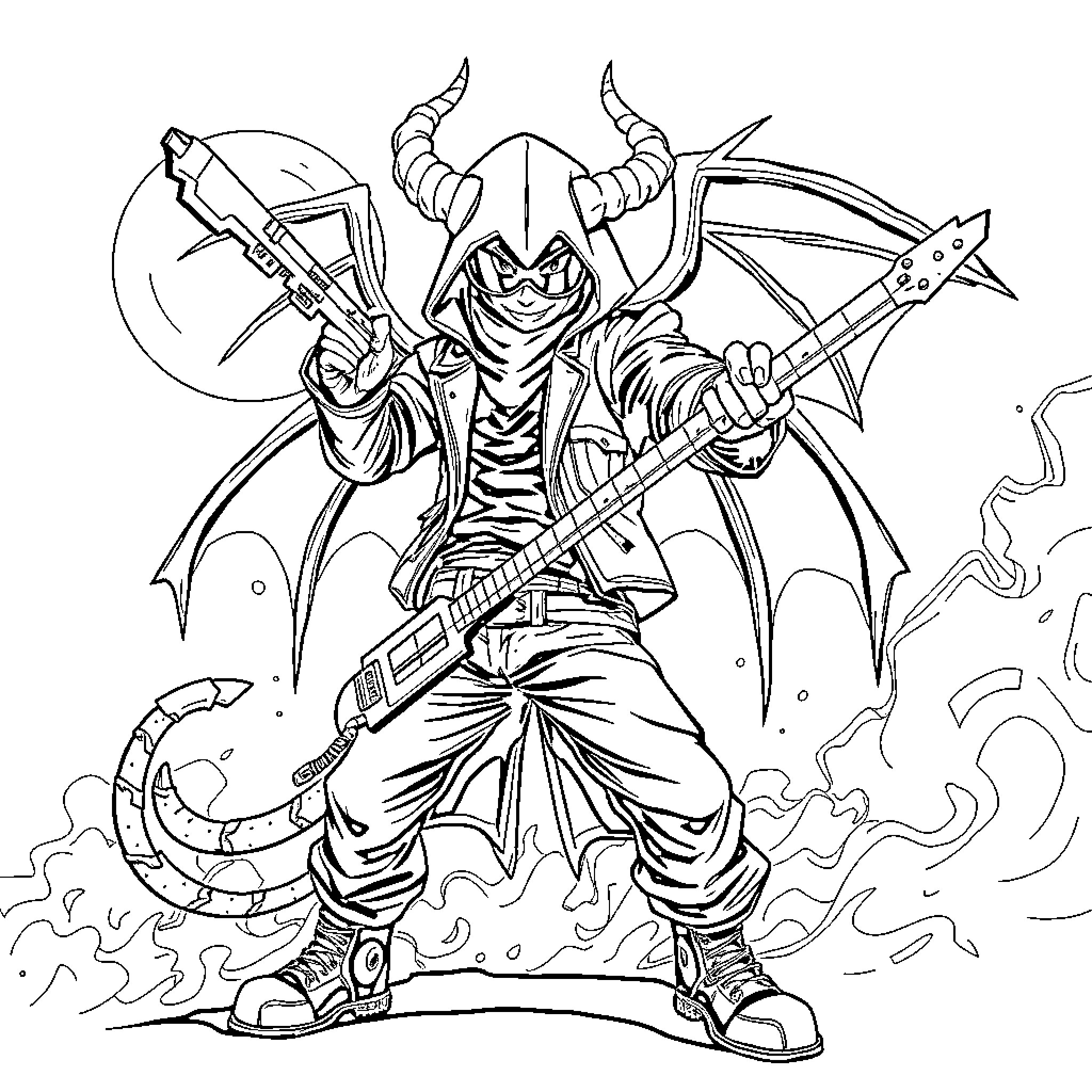 Demon Hunter wielding weapons in a fierce battle Coloring Page (free black-and-white line drawing printable PDF for all, from beginners to advanced learners, including children, teens, adults, and seniors)