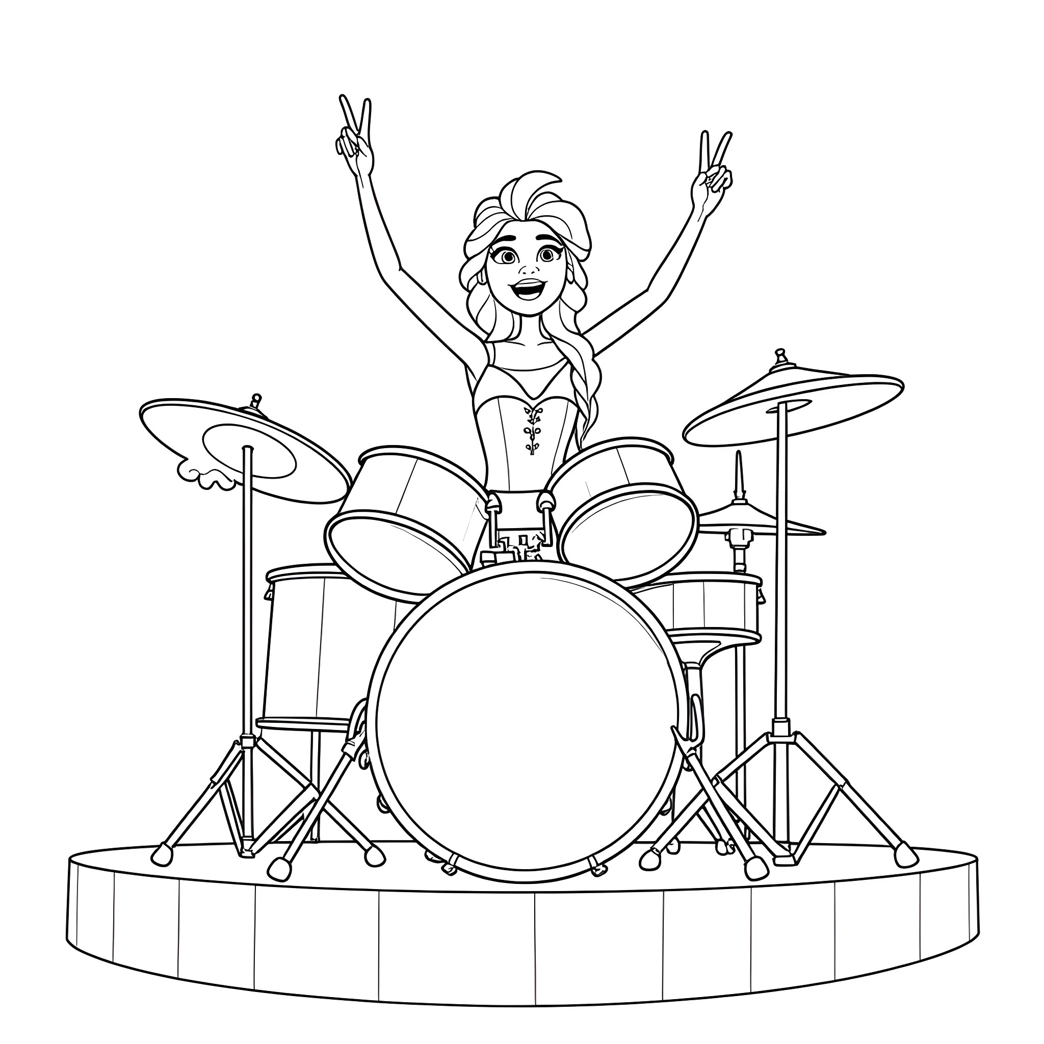 Elsa playing the drums with joy and excitement Coloring Page (free black-and-white line drawing printable PDF for all, from beginners to advanced learners, including children, teens, adults, and seniors)