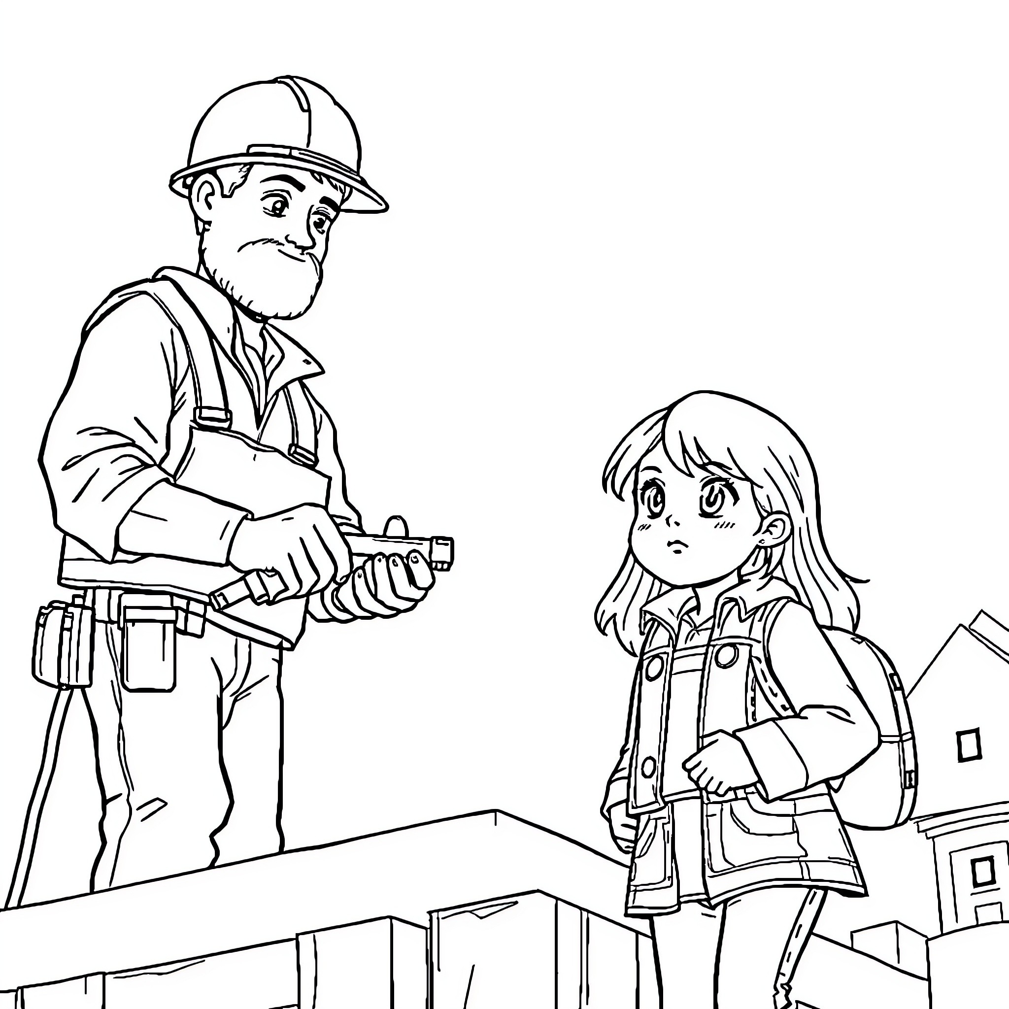 Excavator operator discussing construction plans with young worker Coloring Page (free black-and-white line drawing printable PDF for all, from beginners to advanced learners, including children, teens, adults, and seniors)