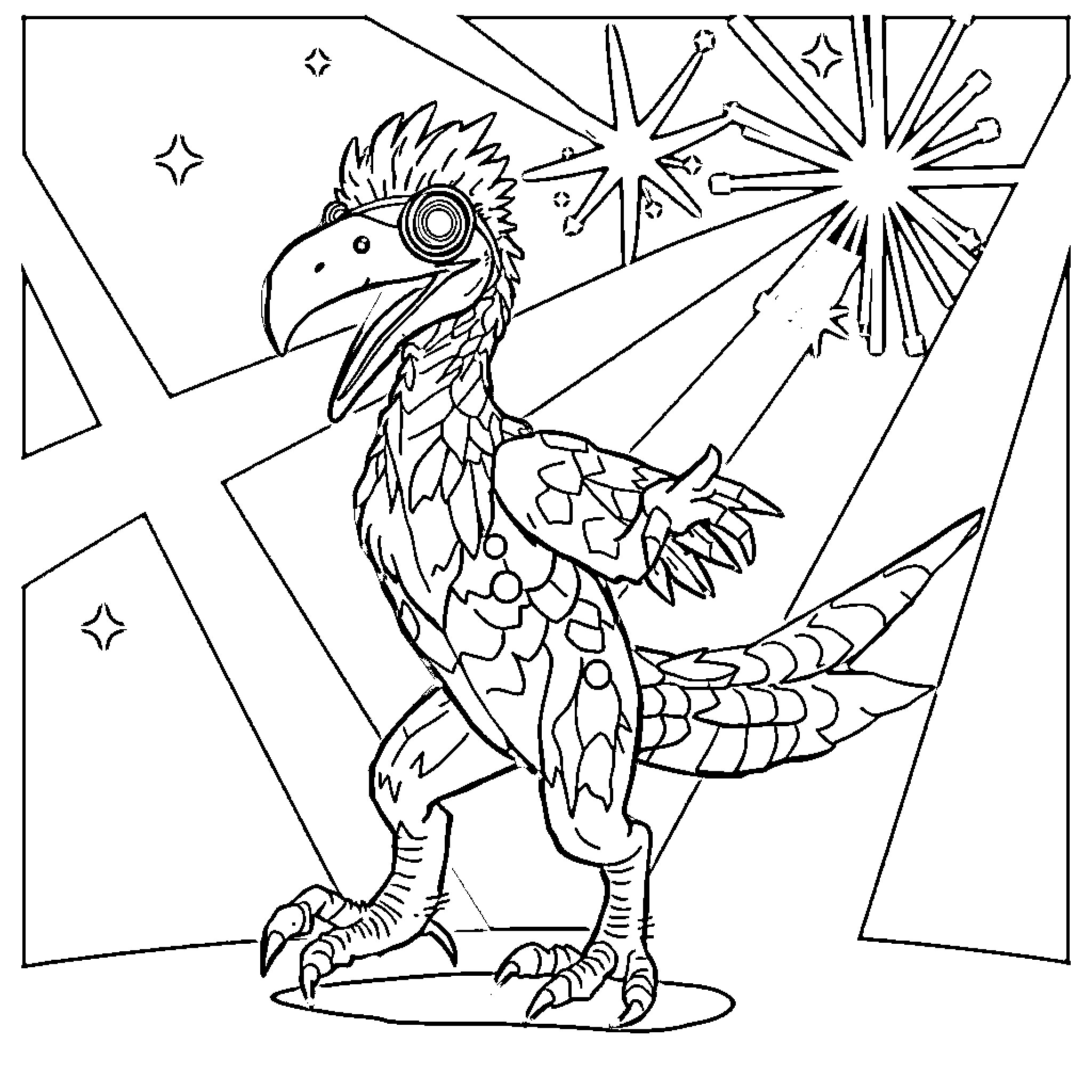 Raptor in Cosmic Celestial Scene Coloring Page (free black-and-white line drawing printable PDF for all, from beginners to advanced learners, including children, teens, adults, and seniors)