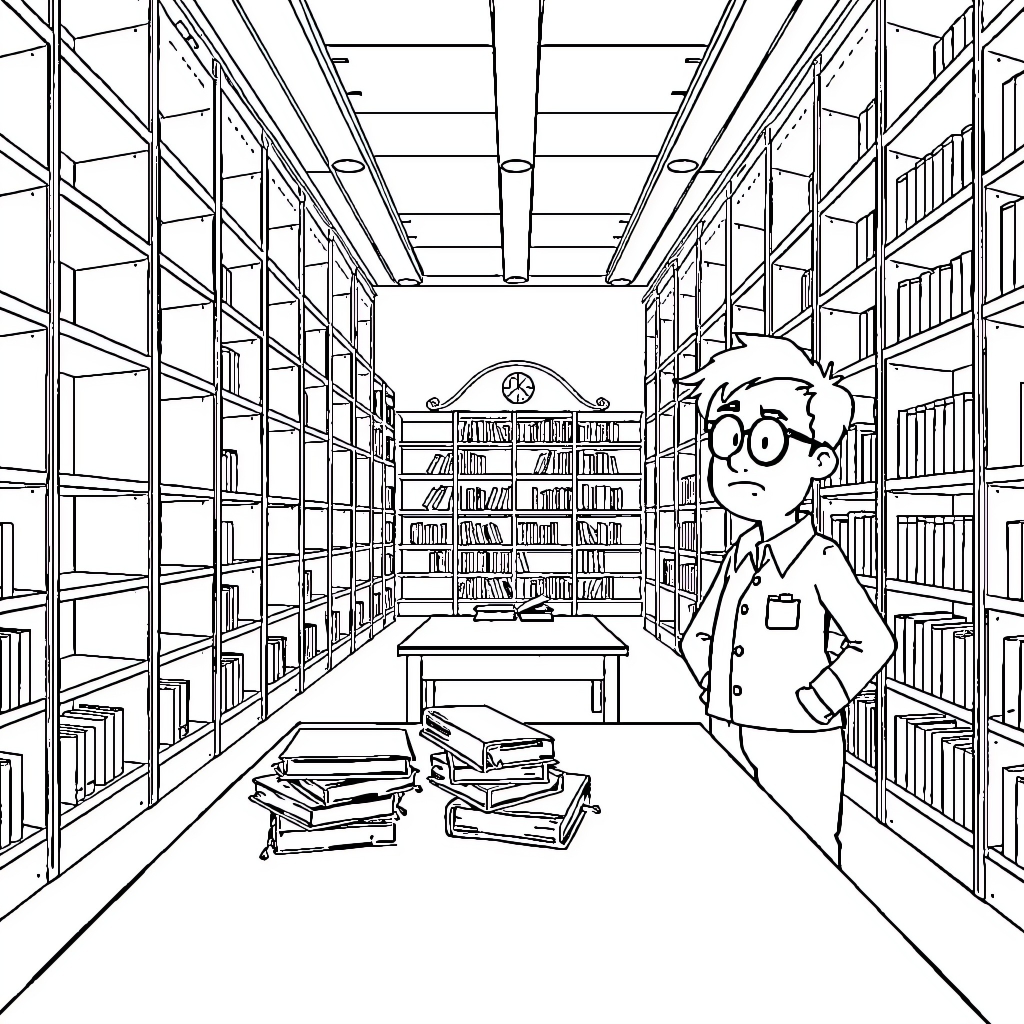 Library interior with shelves, books, and a studious person Coloring Page (free black-and-white line drawing printable PDF for all, from beginners to advanced learners, including children, teens, adults, and seniors)