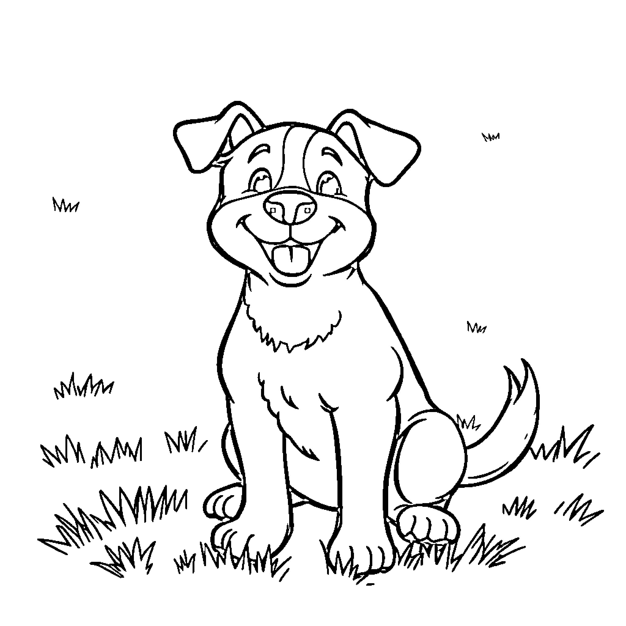 Dog happily sitting in the grass Coloring Page (free black-and-white line drawing printable PDF for all, from beginners to advanced learners, including children, teens, adults, and seniors)