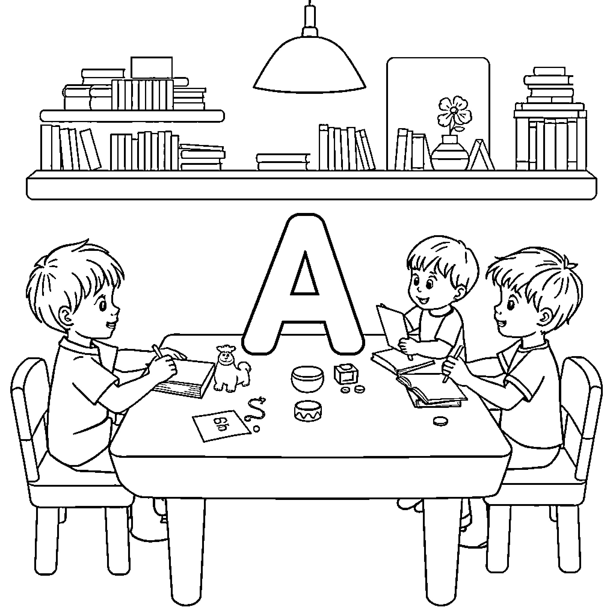 Letter A: Children learning and exploring at the table Coloring Page (free black-and-white line drawing printable PDF for all, from beginners to advanced learners, including children, teens, adults, and seniors)
