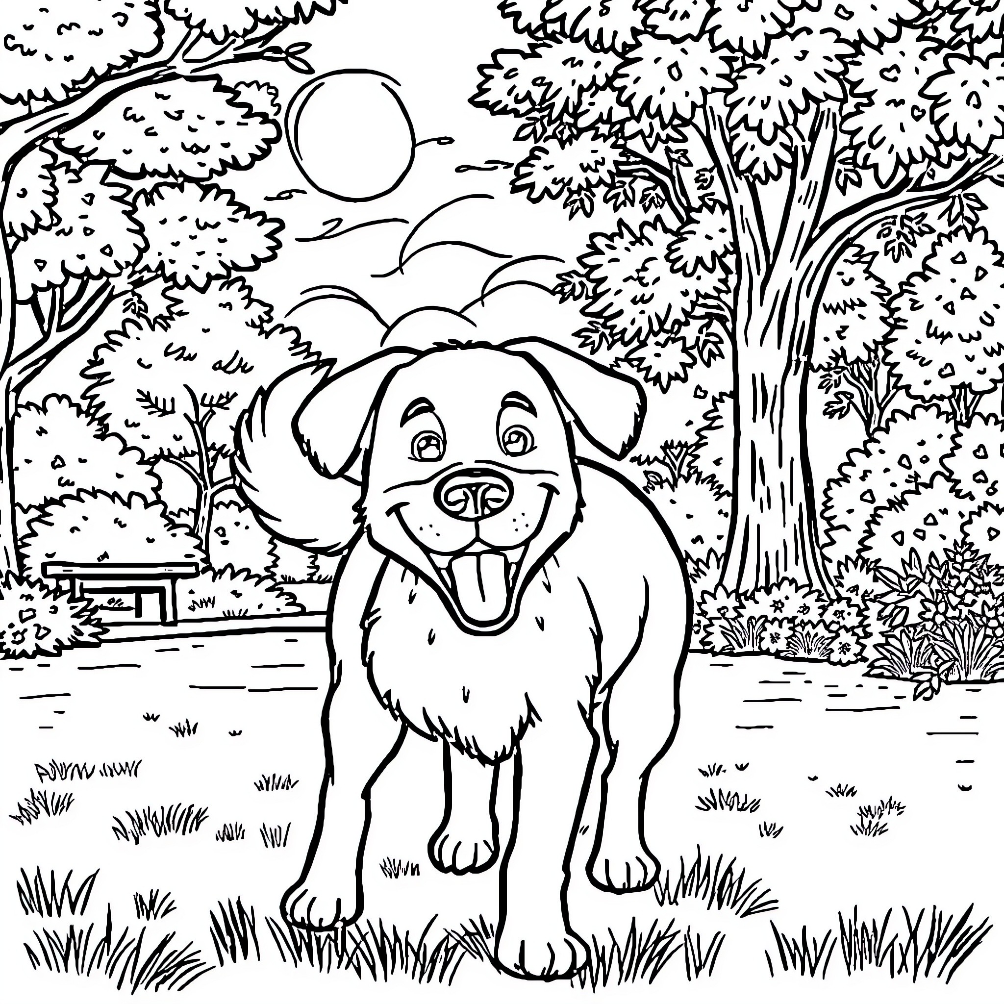 Dog happily playing in the park Coloring Page (free black-and-white line drawing printable PDF for all, from beginners to advanced learners, including children, teens, adults, and seniors)