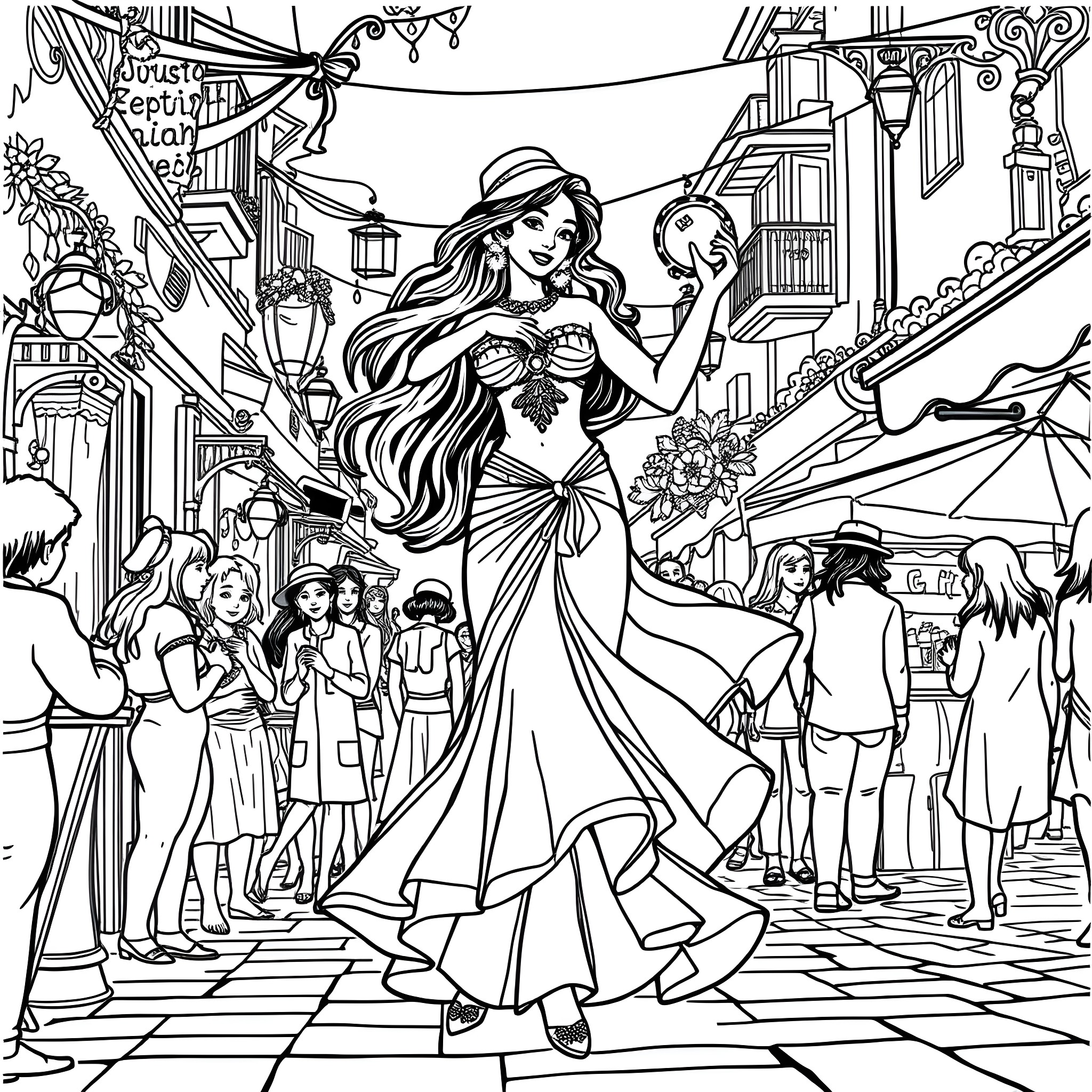 Esmeralda's Vibrant Fiesta Celebration Coloring Page (free black-and-white line drawing printable PDF for all, from beginners to advanced learners, including children, teens, adults, and seniors)