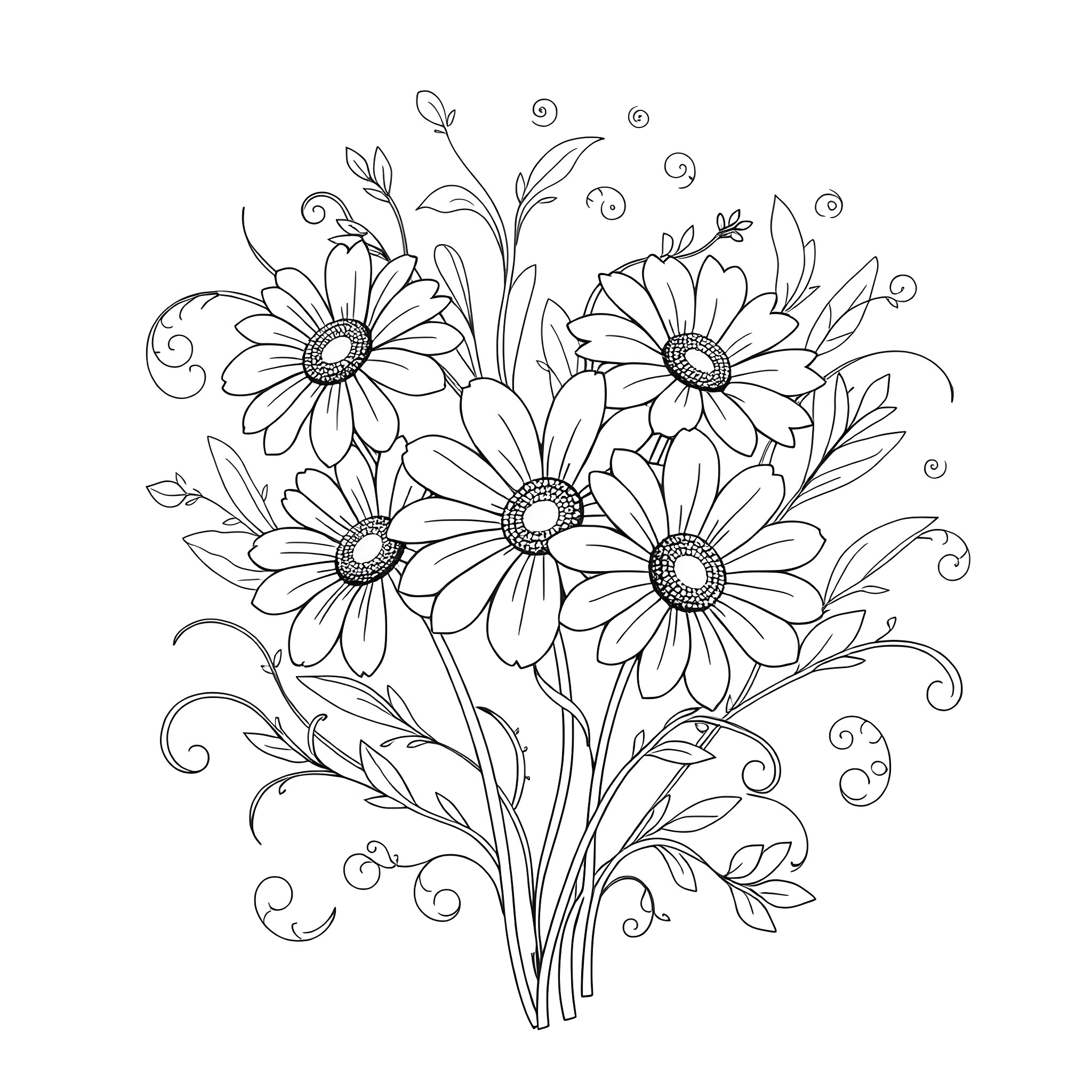 Daisy Flowers in Elegant Bouquet Coloring Page (free black-and-white line drawing printable PDF for all, from beginners to advanced learners, including children, teens, adults, and seniors)