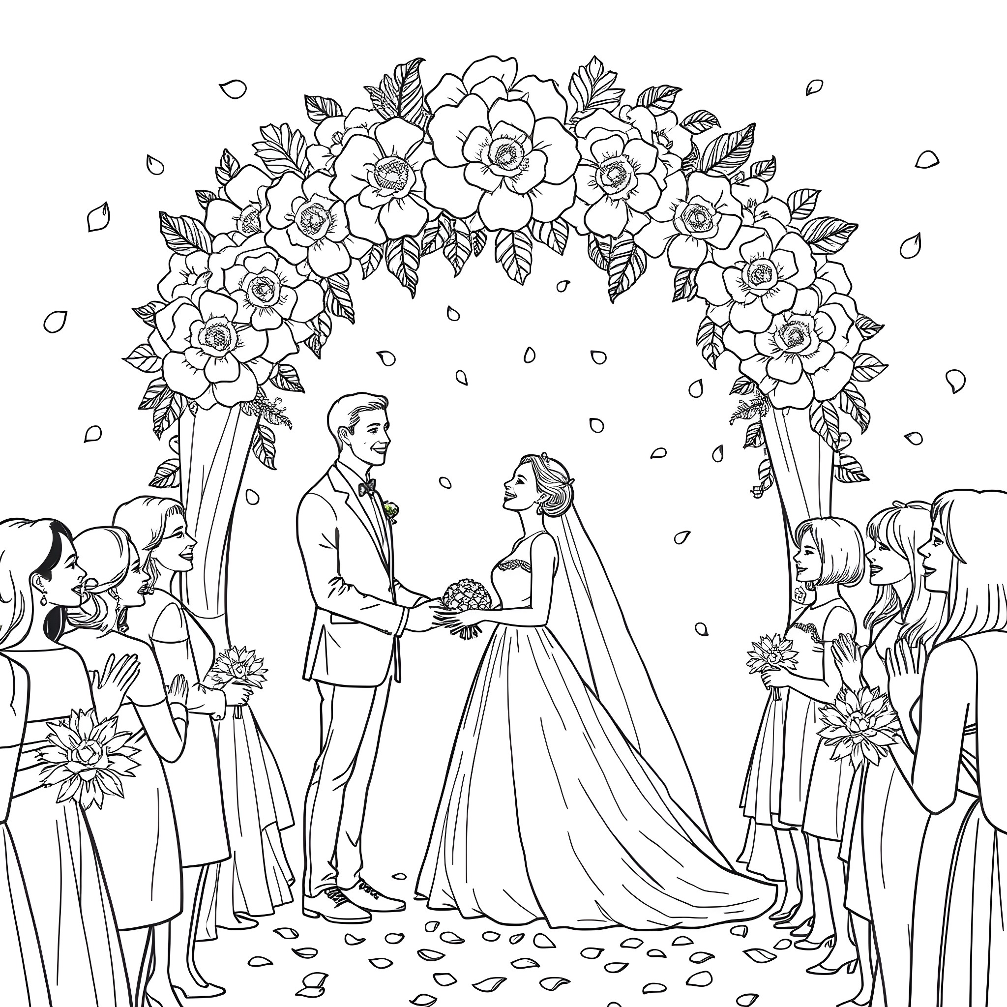Bride and Groom's Floral Wedding Ceremony Coloring Page (free black-and-white line drawing printable PDF for all, from beginners to advanced learners, including children, teens, adults, and seniors)
