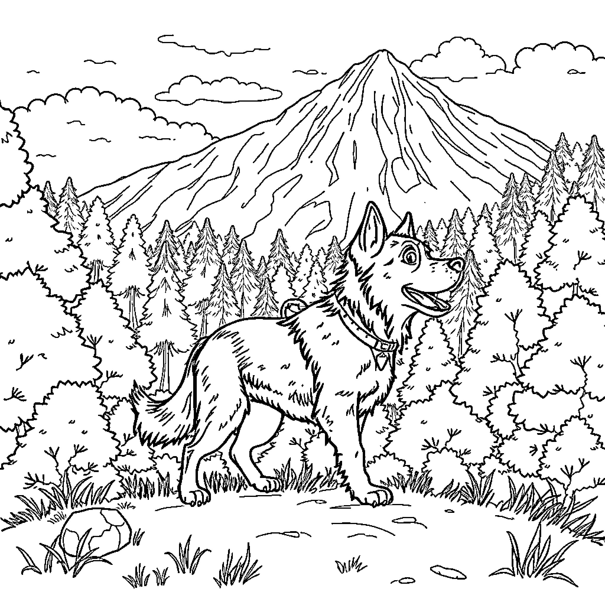 Paw Patrol pup in the wilderness Coloring Page (free black-and-white line drawing printable PDF for all, from beginners to advanced learners, including children, teens, adults, and seniors)