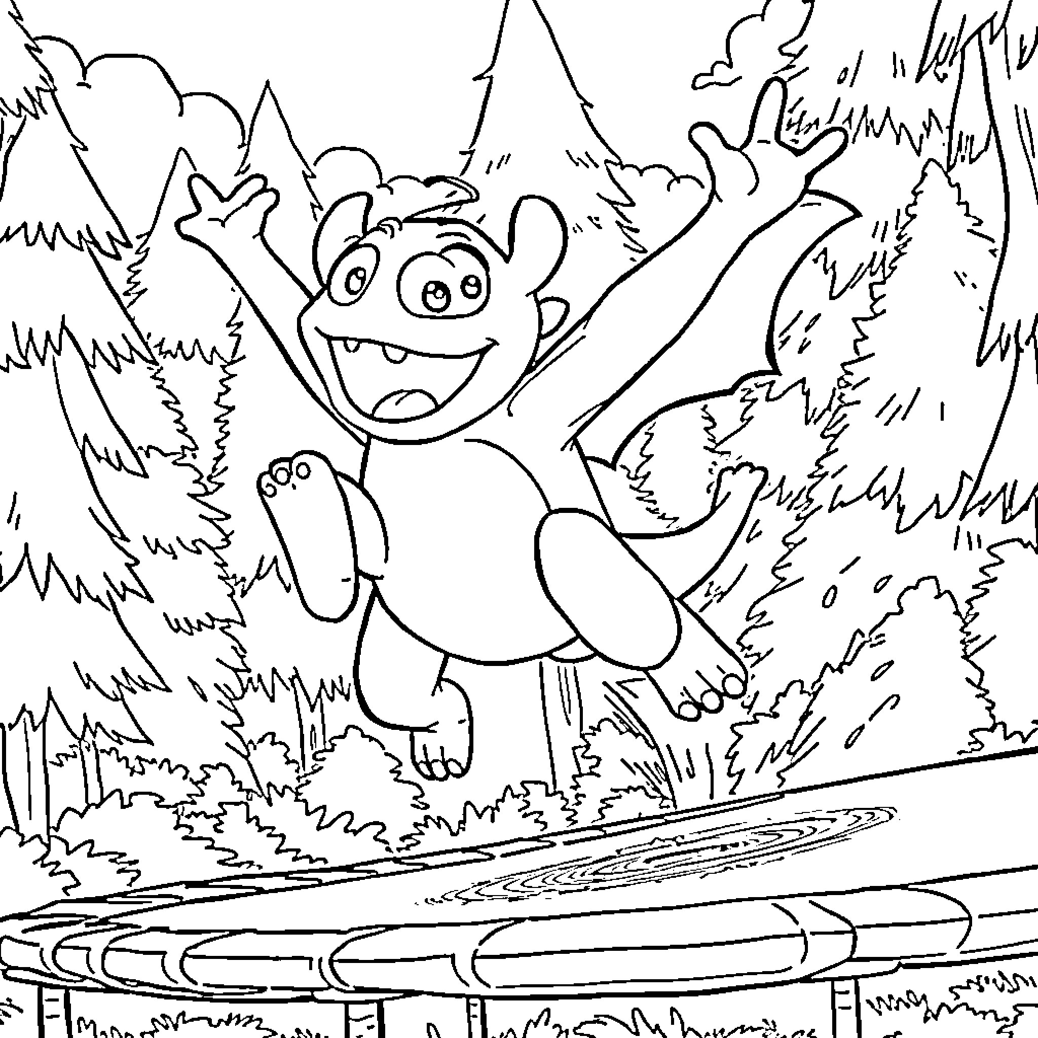 Snotlout's Adventurous Leap in the Forest Coloring Page (free black-and-white line drawing printable PDF for all, from beginners to advanced learners, including children, teens, adults, and seniors)