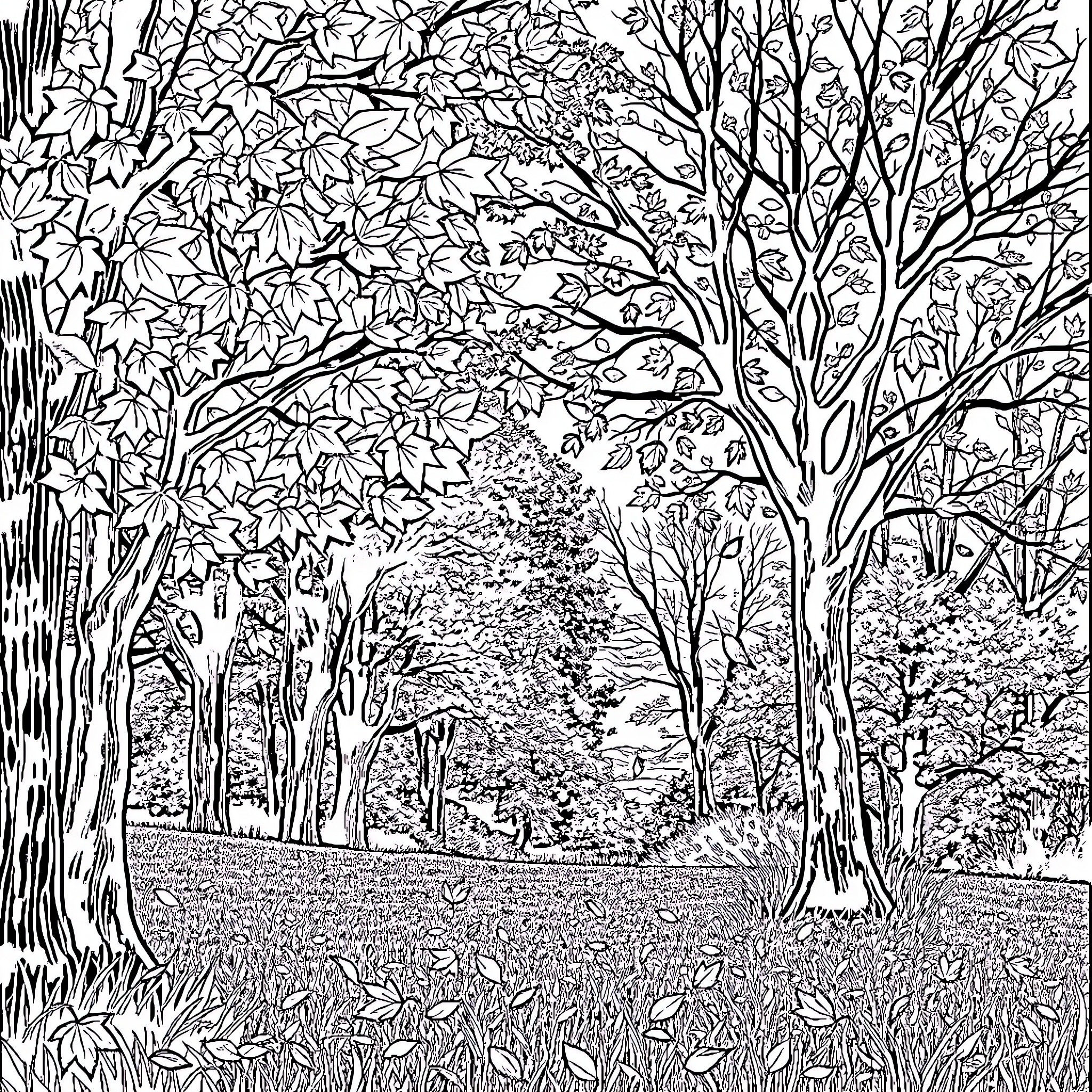 Autumn Forest Trail with Lush Foliage Coloring Page (free black-and-white line drawing printable PDF for all, from beginners to advanced learners, including children, teens, adults, and seniors)