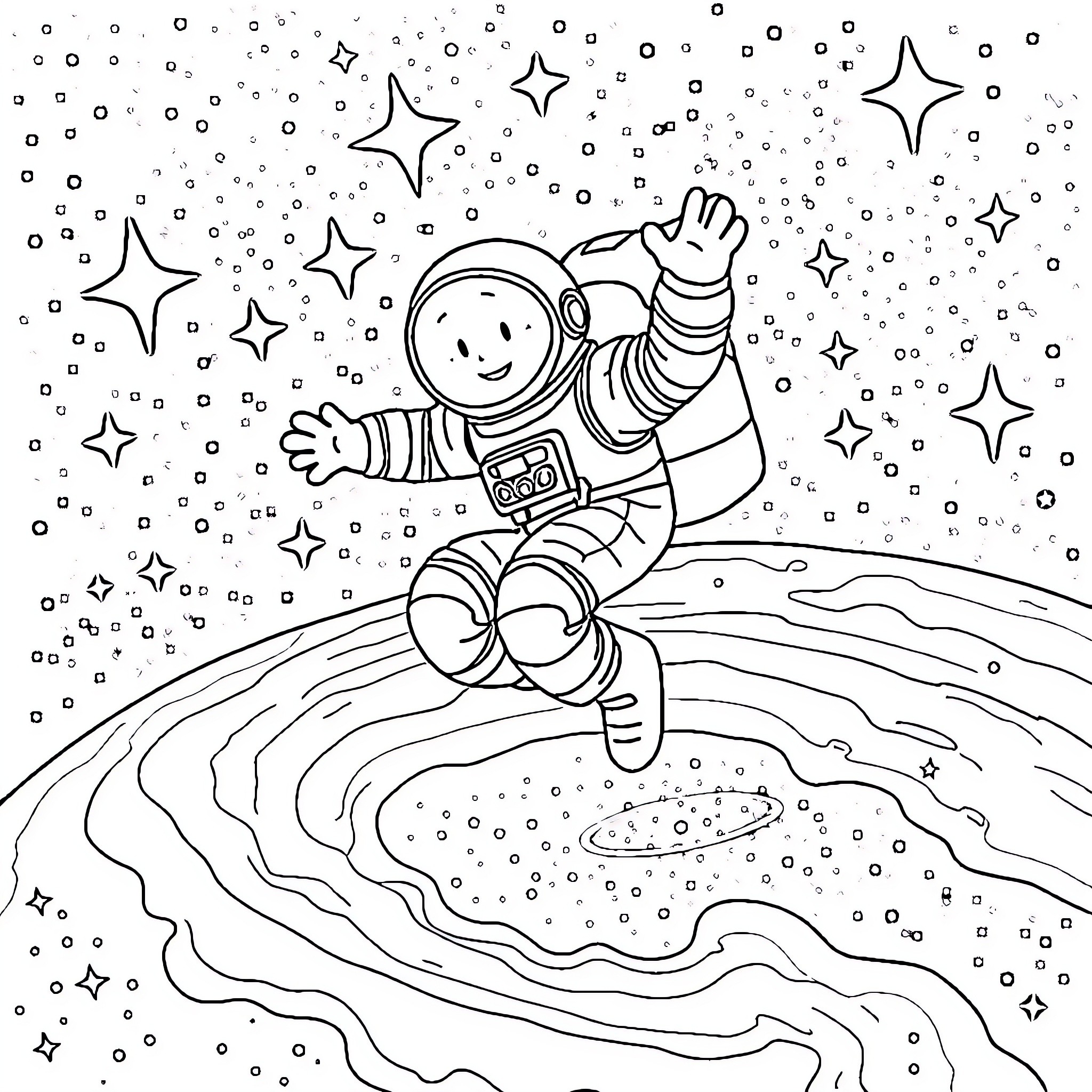 Wriothesley's Astronaut Exploring the Cosmos Coloring Page (free black-and-white line drawing printable PDF for all, from beginners to advanced learners, including children, teens, adults, and seniors)