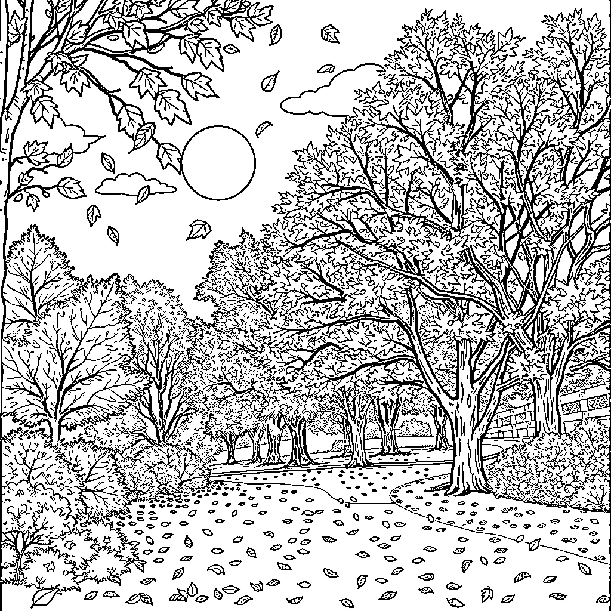 Autumn Nature Scene with Falling Leaves Coloring Page (free black-and-white line drawing printable PDF for all, from beginners to advanced learners, including children, teens, adults, and seniors)