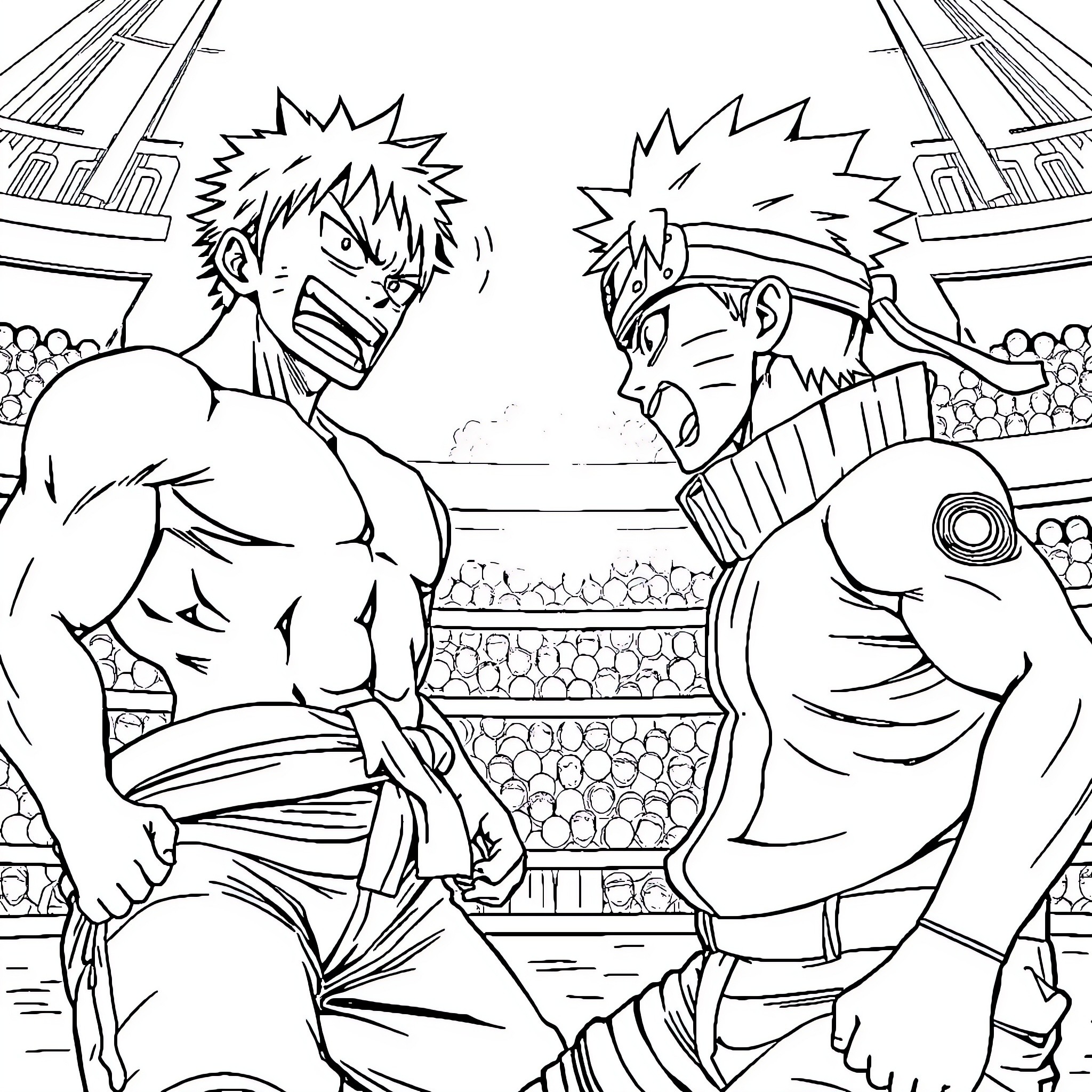 Luffy's Intense Manga-Style Battle Coloring Page (free black-and-white line drawing printable PDF for all, from beginners to advanced learners, including children, teens, adults, and seniors)