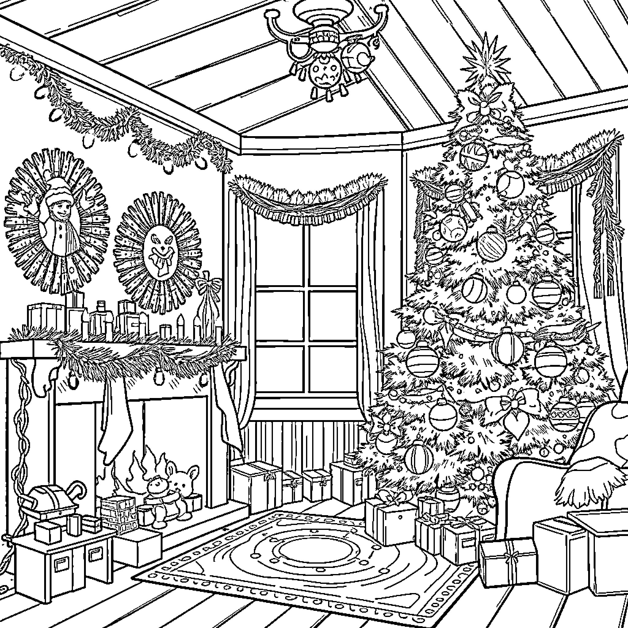 Christmas Celebration in a Cozy, Decorated Room Coloring Page (free black-and-white line drawing printable PDF for all, from beginners to advanced learners, including children, teens, adults, and seniors)