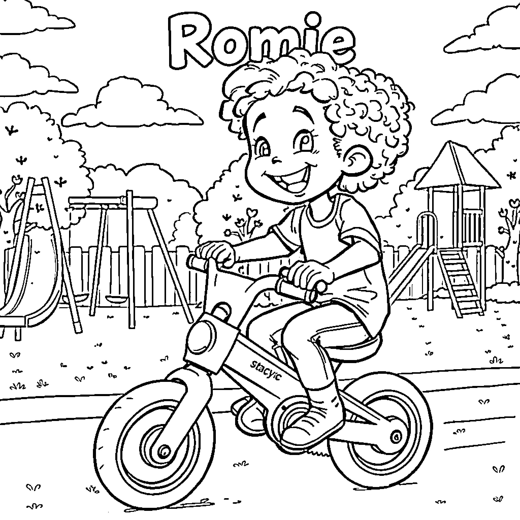 Boy riding a bicycle on the playground Coloring Page (free black-and-white line drawing printable PDF for all, from beginners to advanced learners, including children, teens, adults, and seniors)