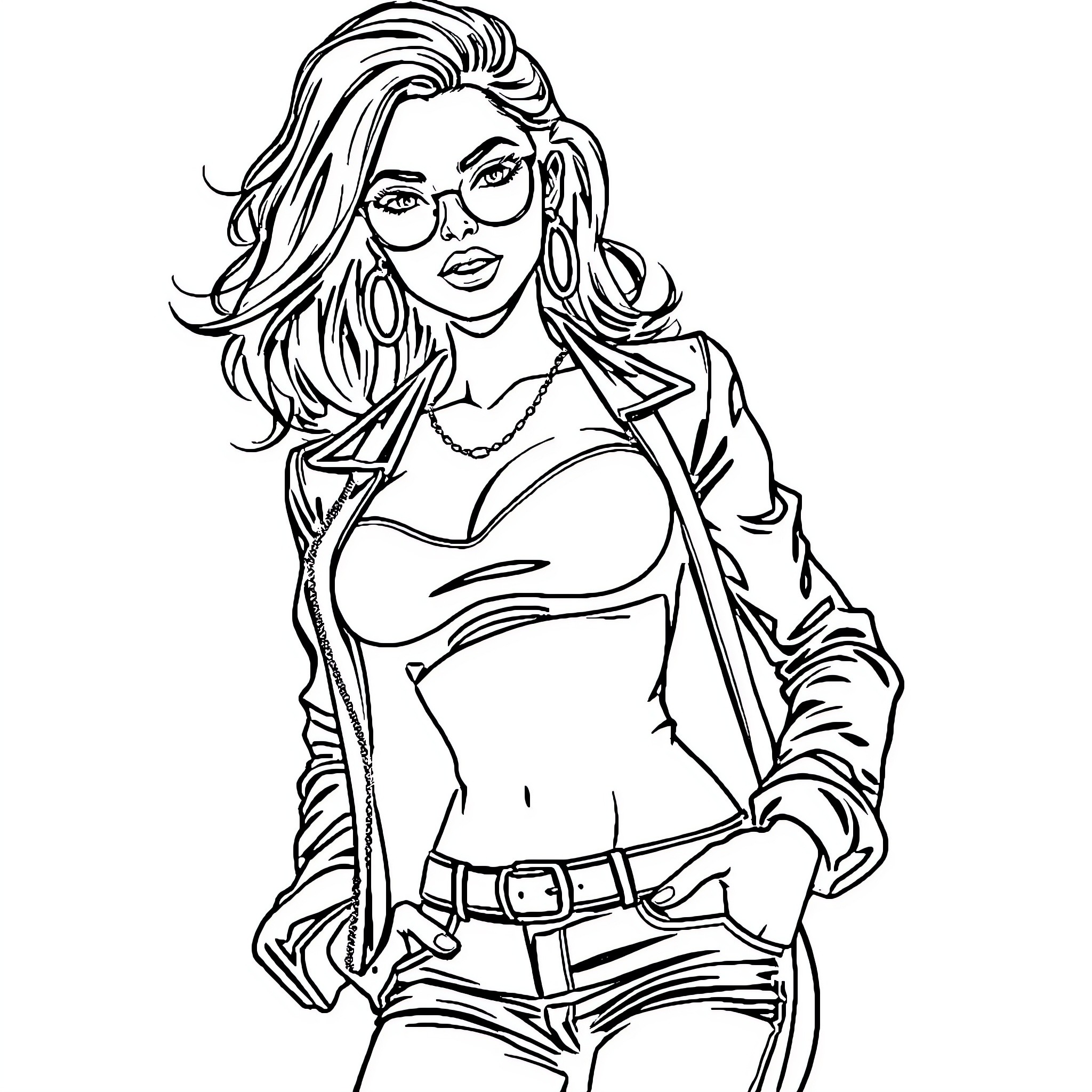 Girl in stylish outfit posing confidently Coloring Page (free black-and-white line drawing printable PDF for all, from beginners to advanced learners, including children, teens, adults, and seniors)