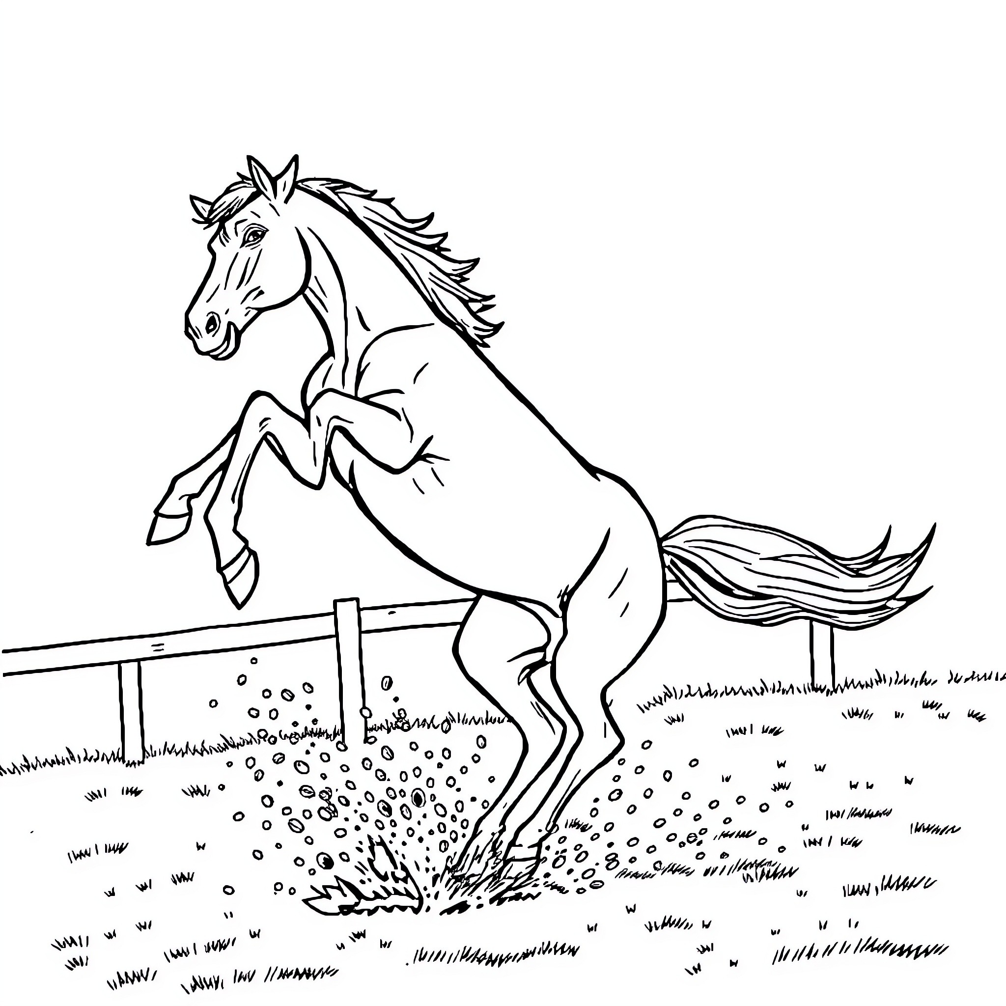 Horse jumping over fence in field Coloring Page (free black-and-white line drawing printable PDF for all, from beginners to advanced learners, including children, teens, adults, and seniors)