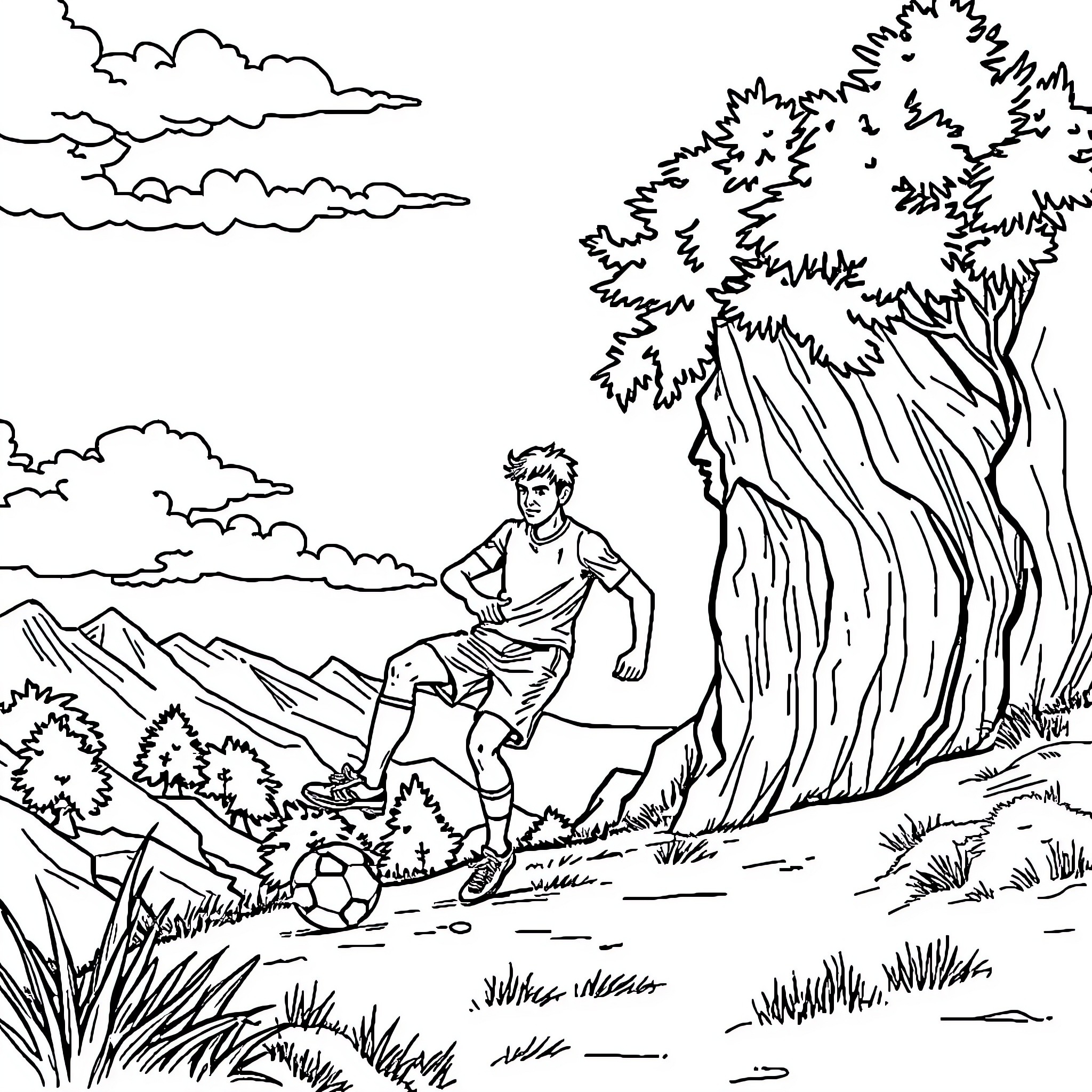 Barman playing soccer in the countryside Coloring Page (free black-and-white line drawing printable PDF for all, from beginners to advanced learners, including children, teens, adults, and seniors)