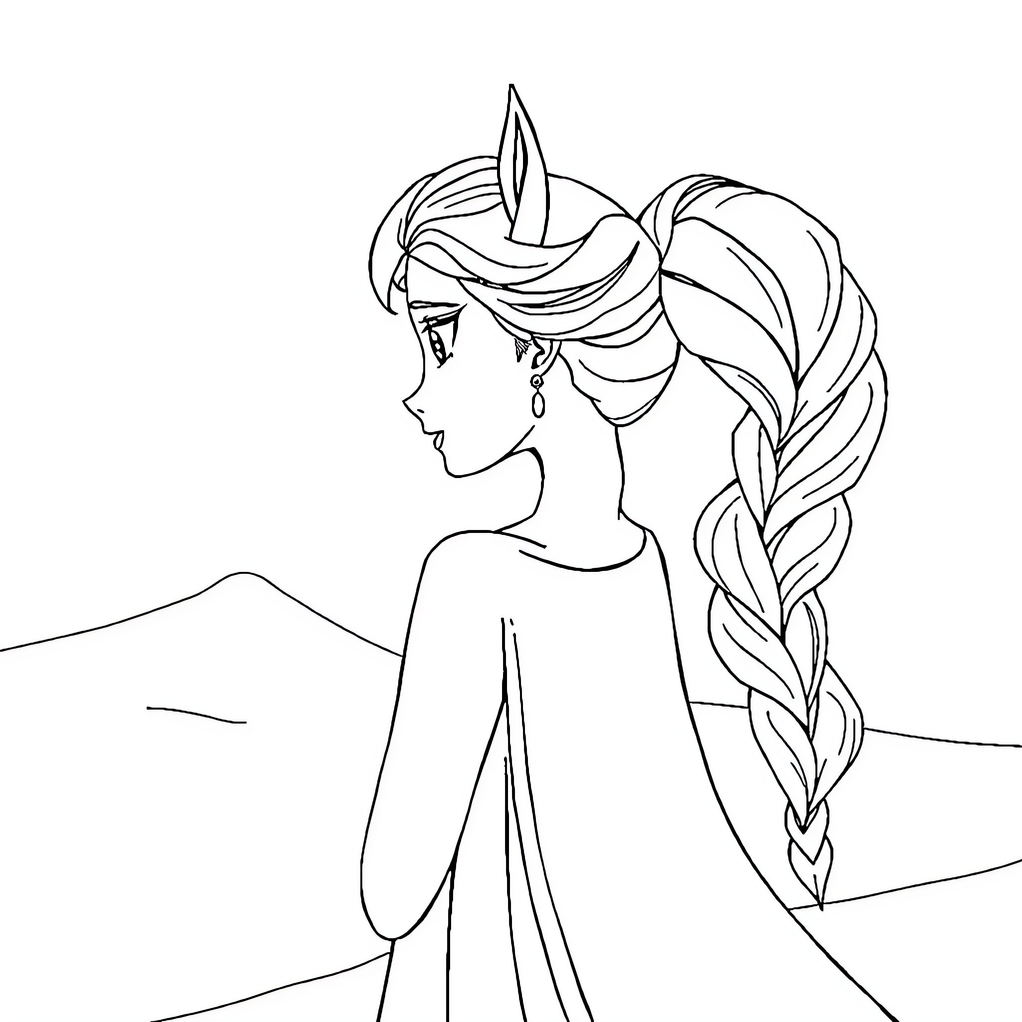 Elsa admiring the winter landscape Coloring Page (free black-and-white line drawing printable PDF for all, from beginners to advanced learners, including children, teens, adults, and seniors)