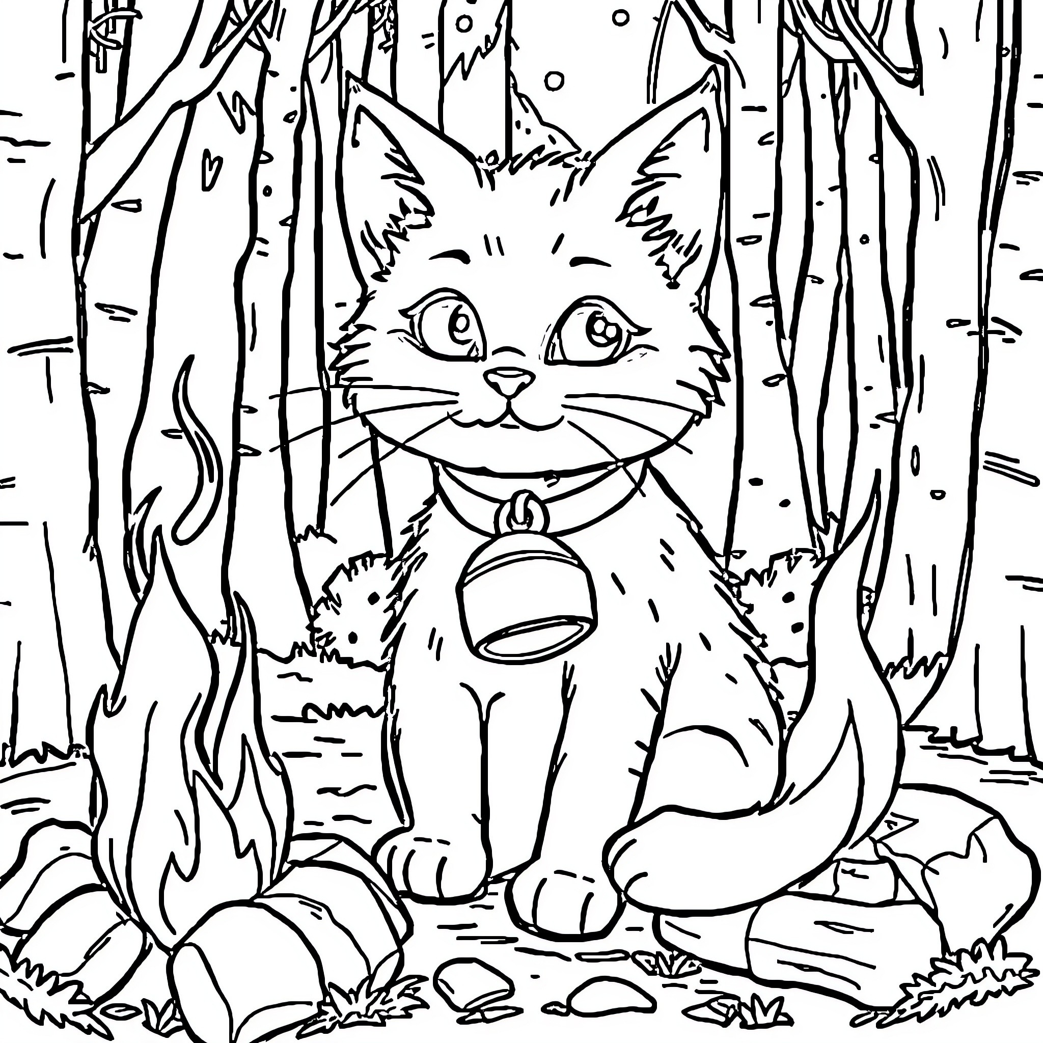 Cat exploring the forest with a bell Coloring Page (free black-and-white line drawing printable PDF for all, from beginners to advanced learners, including children, teens, adults, and seniors)
