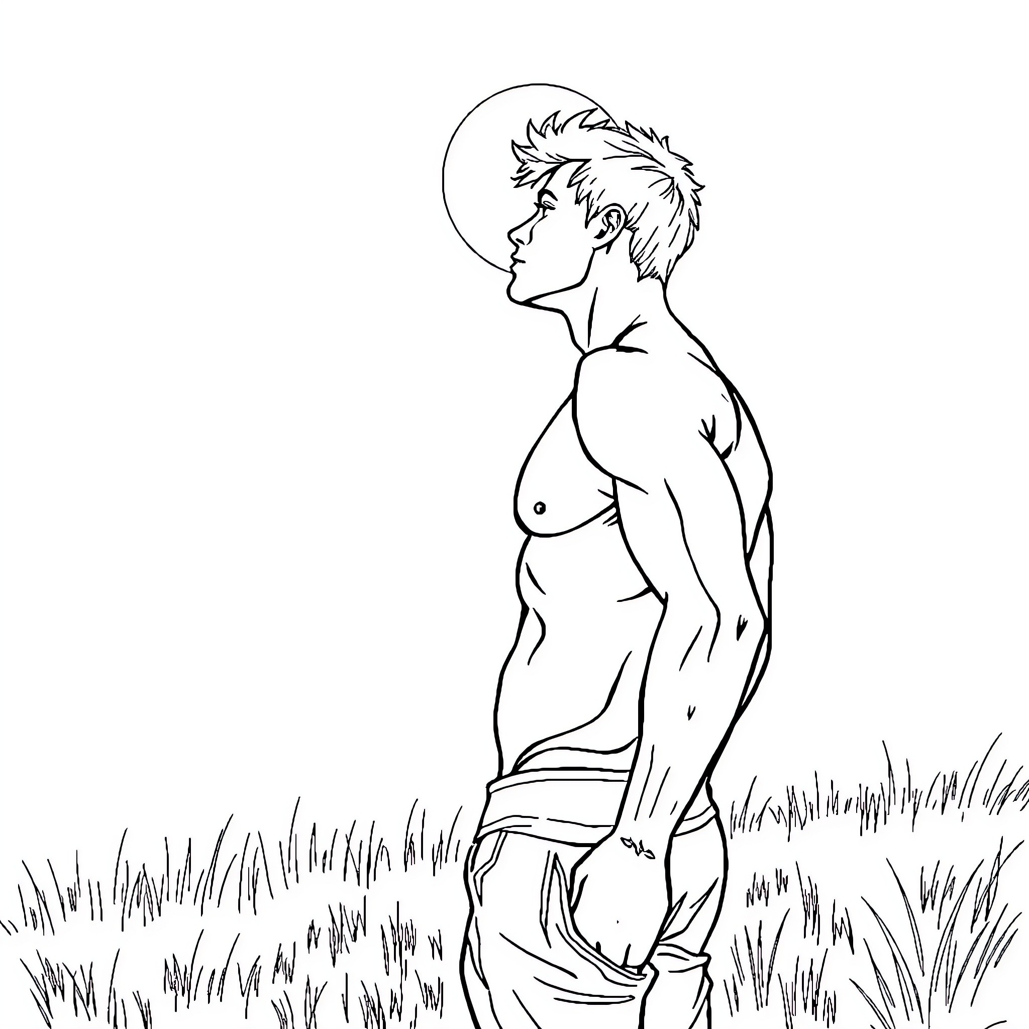 Man gazing intently into the distance Coloring Page (free black-and-white line drawing printable PDF for all, from beginners to advanced learners, including children, teens, adults, and seniors)