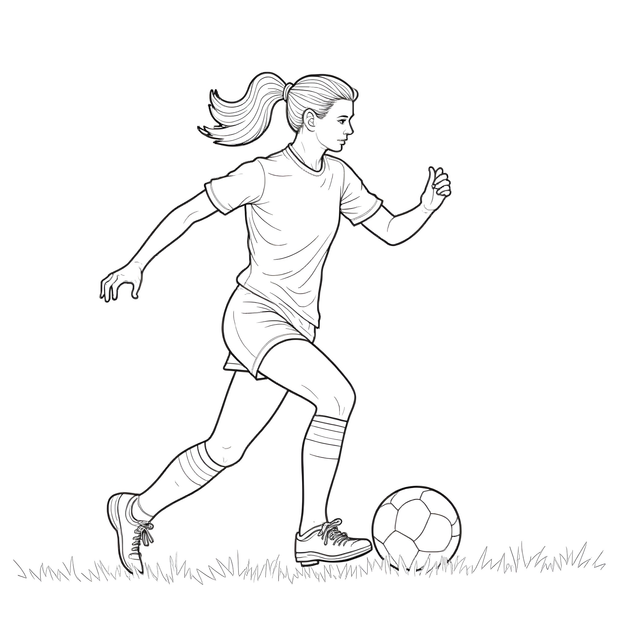 Leah Williamson playing soccer on the field Coloring Page (free black-and-white line drawing printable PDF for all, from beginners to advanced learners, including children, teens, adults, and seniors)
