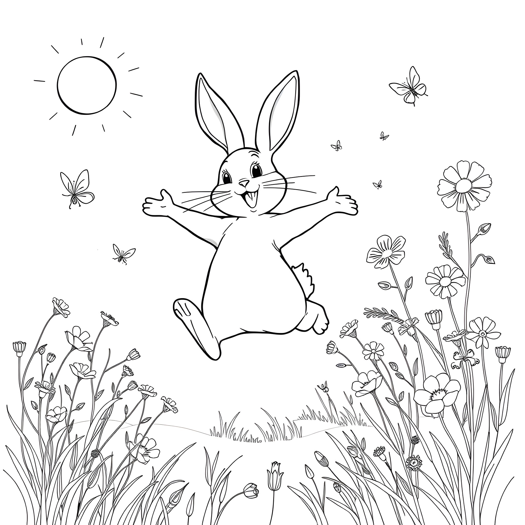 Bunny happily hopping in a floral field Coloring Page (free black-and-white line drawing printable PDF for all, from beginners to advanced learners, including children, teens, adults, and seniors)