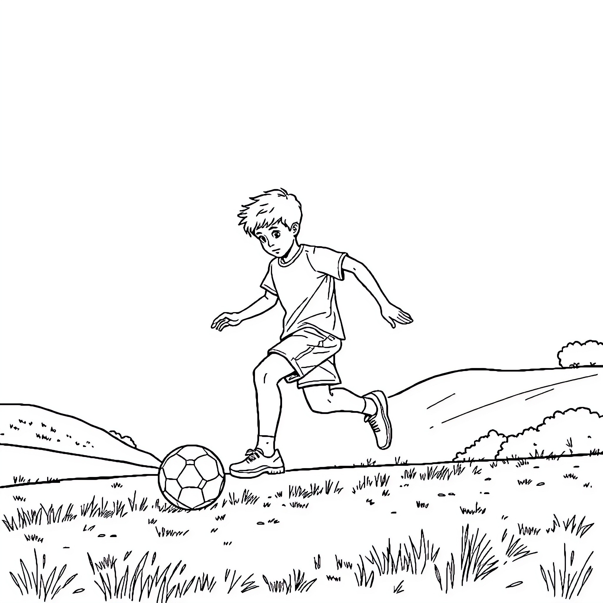 Girl playing soccer in the countryside Coloring Page (free black-and-white line drawing printable PDF for all, from beginners to advanced learners, including children, teens, adults, and seniors)