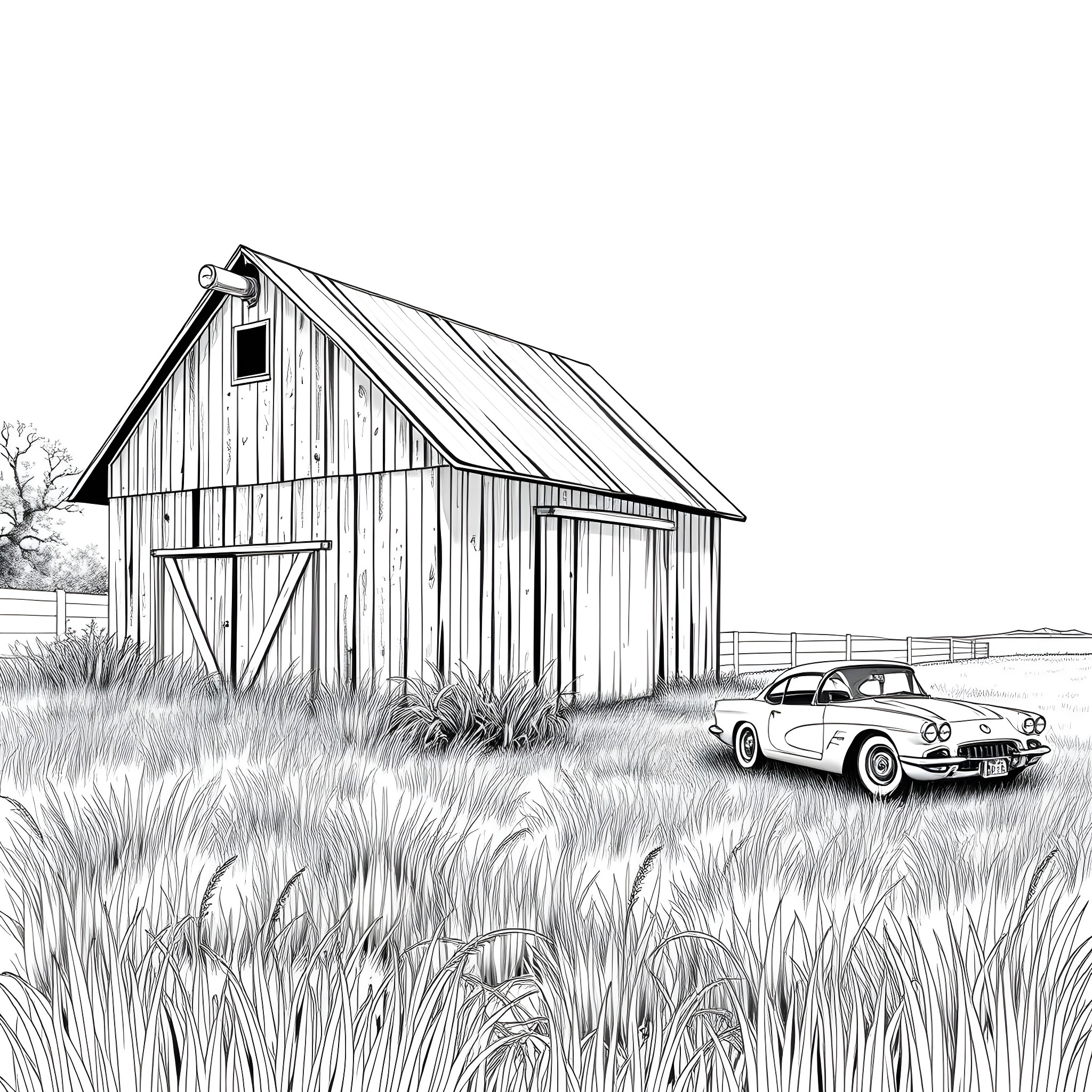 Barn with Vintage Car in Grassy Field Coloring Page (free black-and-white line drawing printable PDF for all, from beginners to advanced learners, including children, teens, adults, and seniors)
