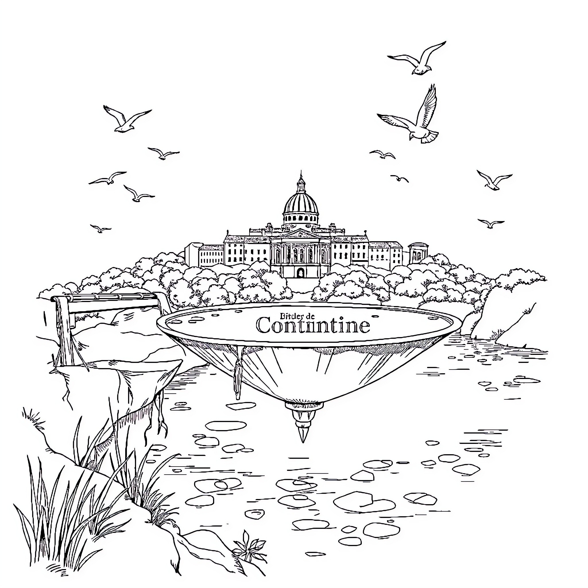 Pond with floating city and flying birds Coloring Page (free black-and-white line drawing printable PDF for all, from beginners to advanced learners, including children, teens, adults, and seniors)