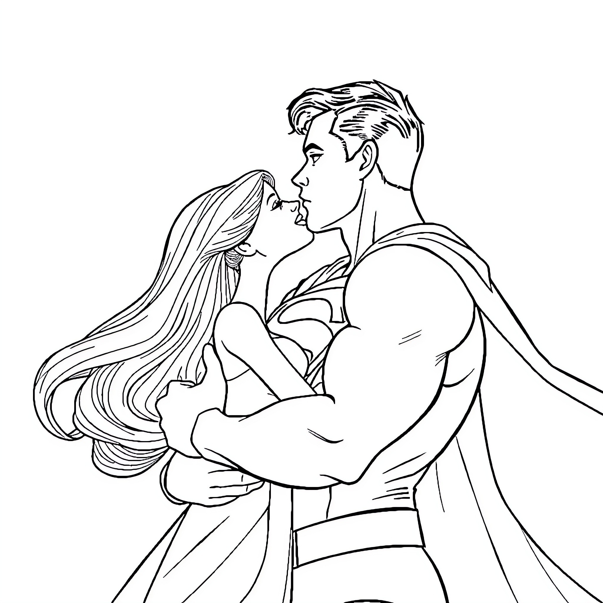 Superman embracing a woman in an intimate moment Coloring Page (free black-and-white line drawing printable PDF for all, from beginners to advanced learners, including children, teens, adults, and seniors)