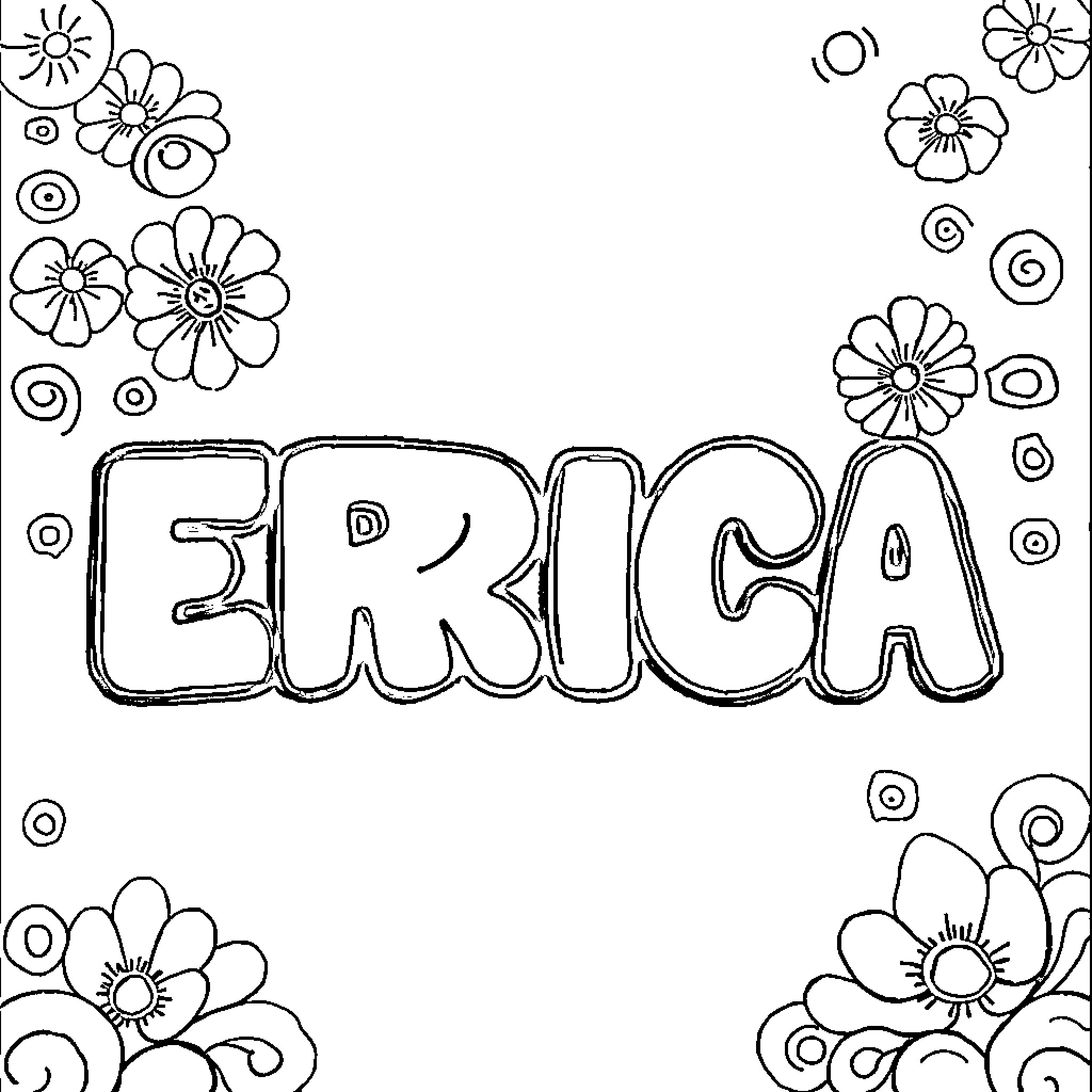 Stitch Erica's name with flowers Coloring Page (free black-and-white line drawing printable PDF for all, from beginners to advanced learners, including children, teens, adults, and seniors)