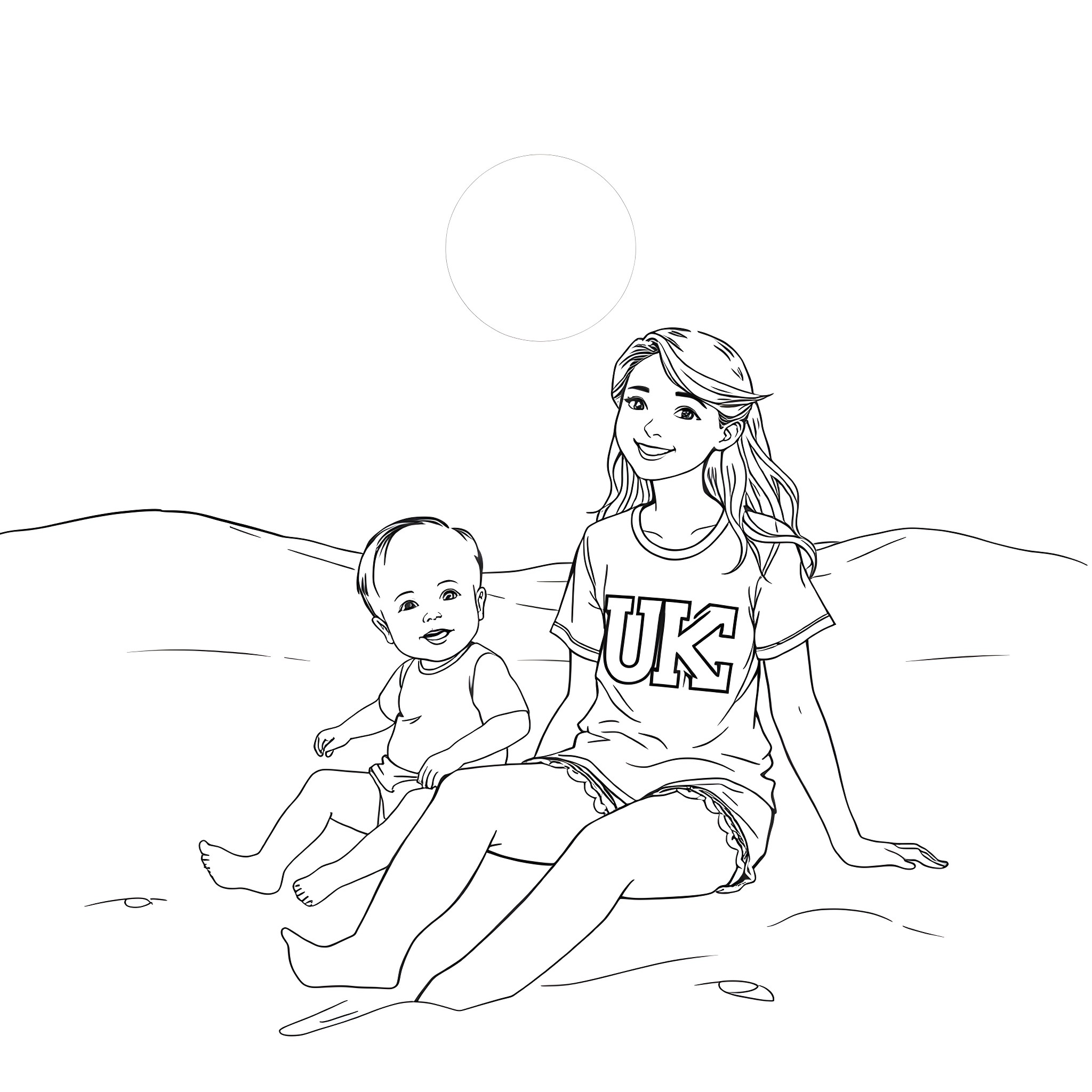Girl and baby sitting on the beach Coloring Page (free black-and-white line drawing printable PDF for all, from beginners to advanced learners, including children, teens, adults, and seniors)