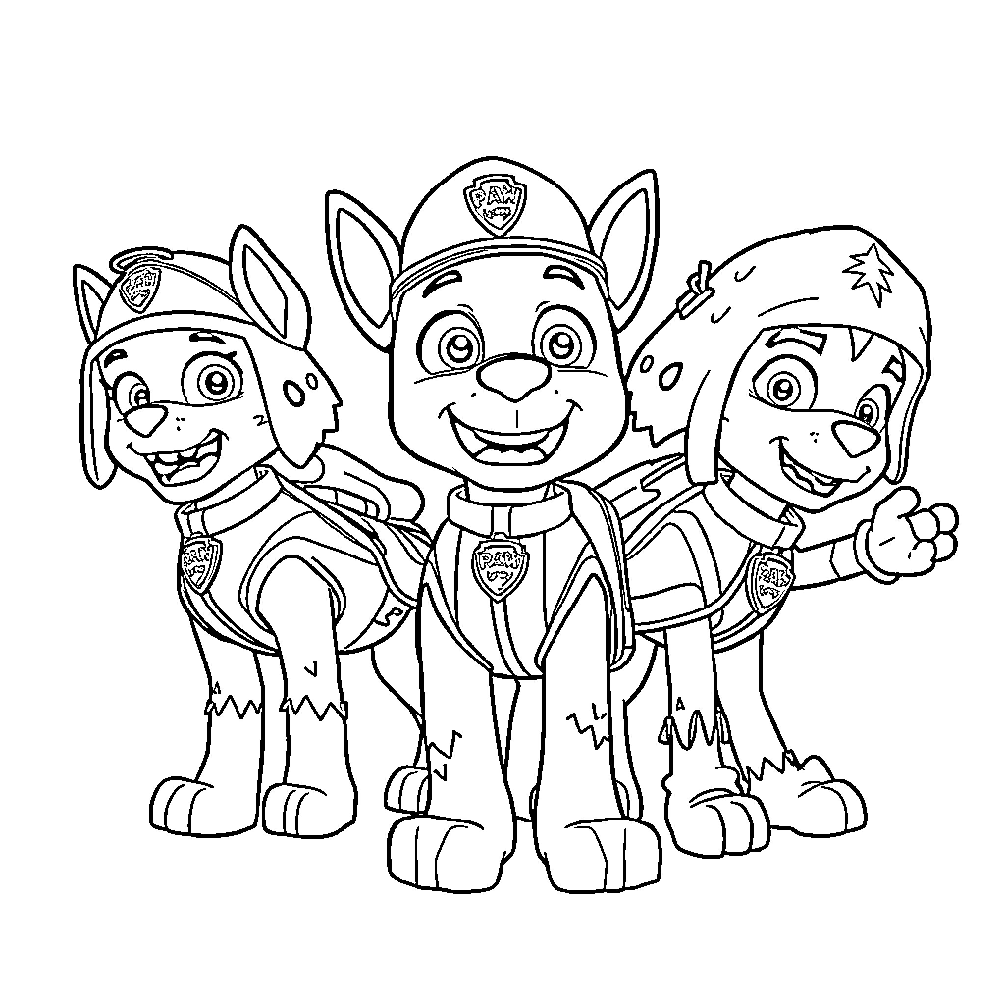 Paw Patrol Pups in Action Coloring Page (free black-and-white line drawing printable PDF for all, from beginners to advanced learners, including children, teens, adults, and seniors)