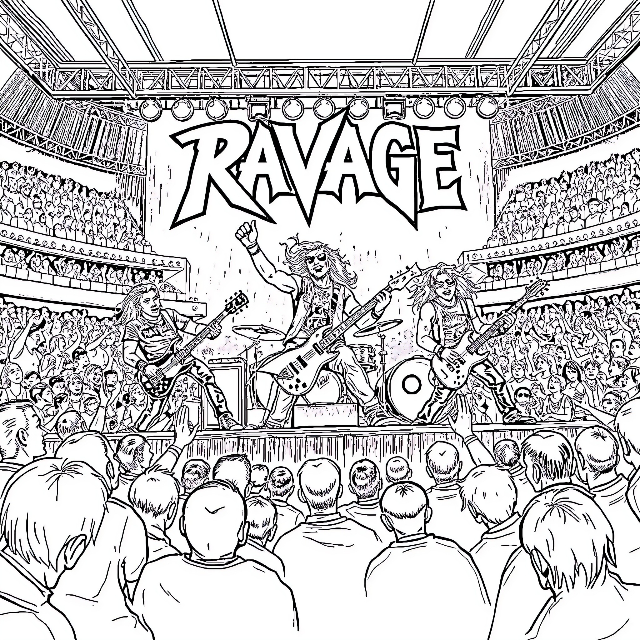 Band rocking out on stage in front of cheering crowd Coloring Page (free black-and-white line drawing printable PDF for all, from beginners to advanced learners, including children, teens, adults, and seniors)