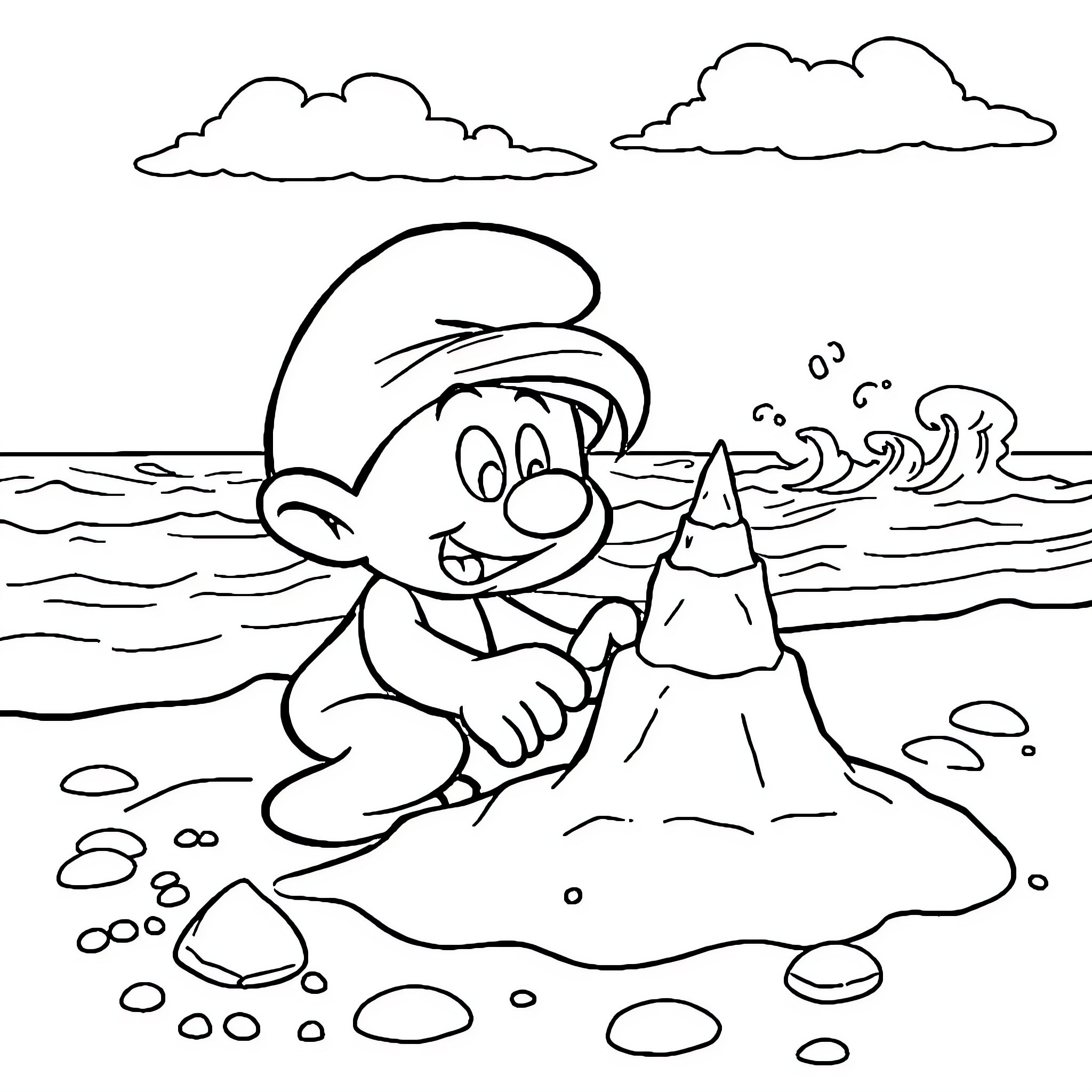 Smurfette Building a Sandcastle by the Ocean Coloring Page (free black-and-white line drawing printable PDF for all, from beginners to advanced learners, including children, teens, adults, and seniors)